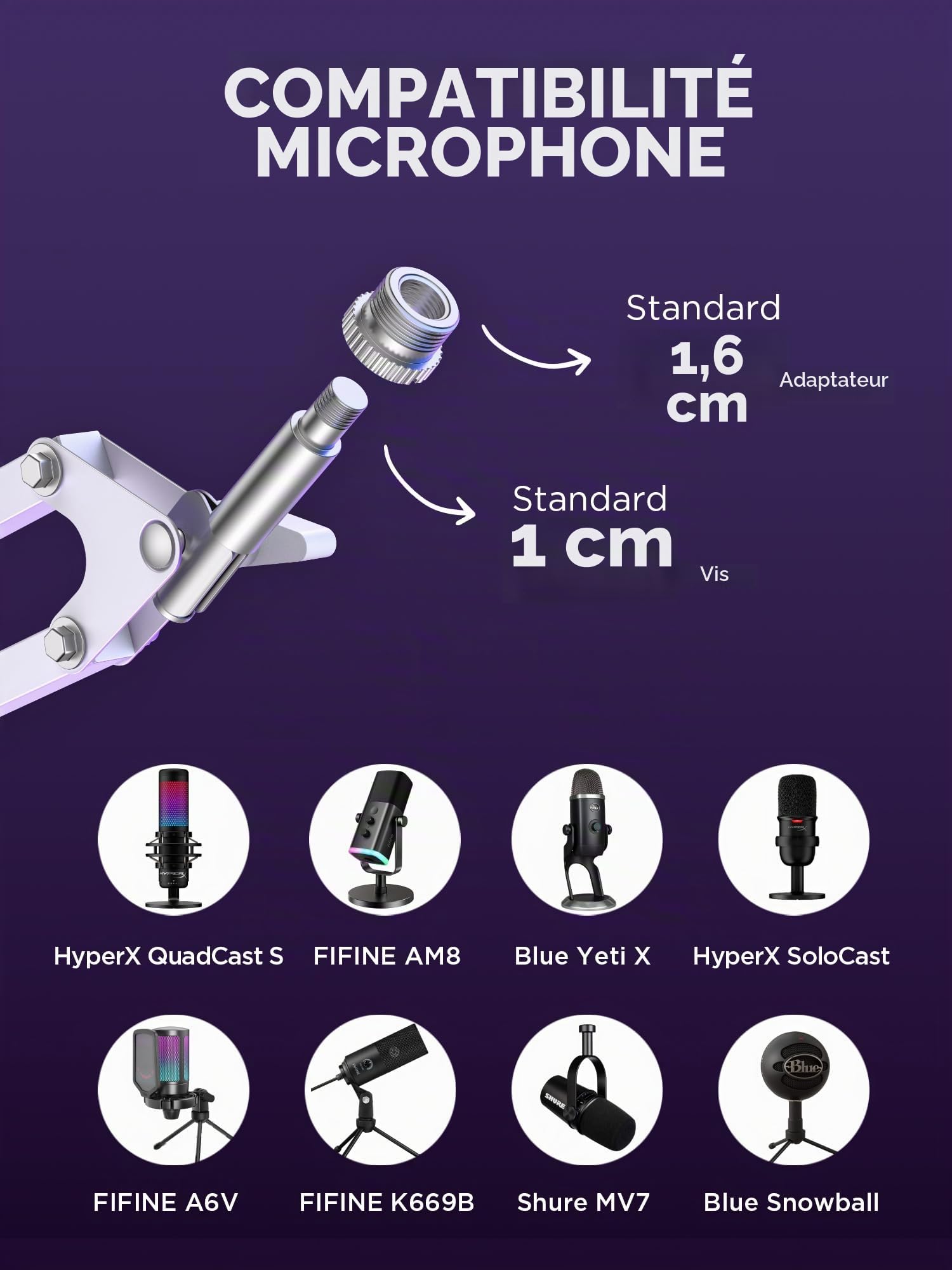 InnoGear Support à bras pour microphone avec clip pour Blue Yeti HyperX QuadCast SoloCast Snowball Fifine Shure SM7B et autres micros, taille moyenne, blanc