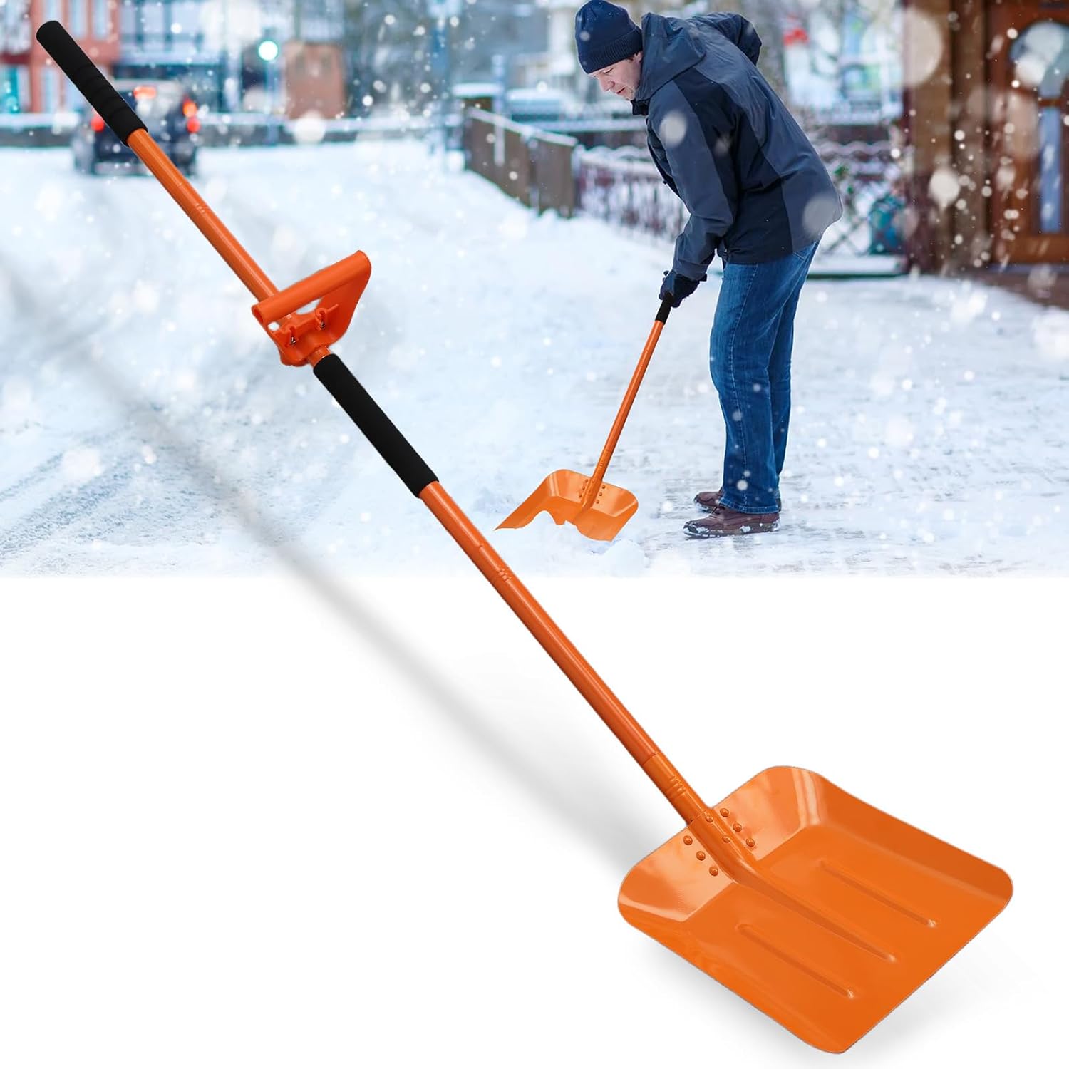 Heavy Duty Snow Shovel for Driveway with Assisted Handle, Ergonomic Snow Pusher for Removing Snow & Ice with 70" Long Handle, 13inch Blade Metal Shovel for Car, Driveway, Outdoor, Emergency