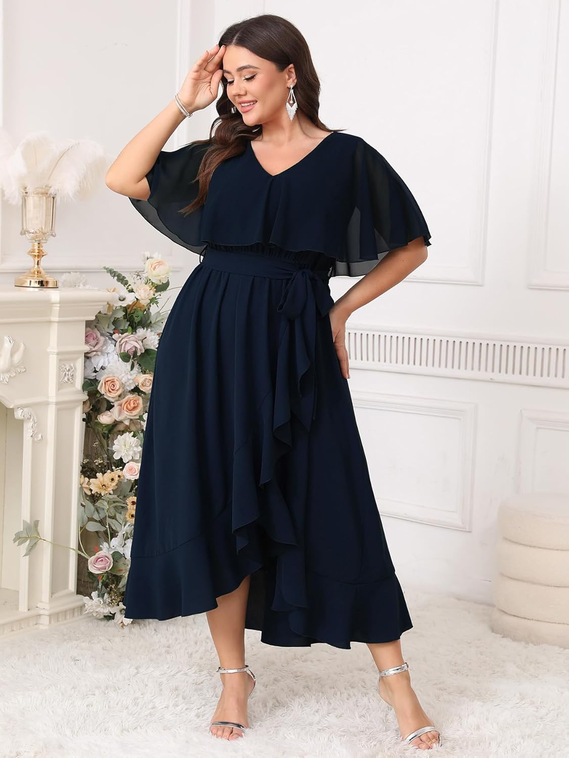 Women Plus Size Long Formal Dress Short Sleeve Chiffon Ruffle V Neck High Low Split Wedding Guest Maxi Dresses - Image 6