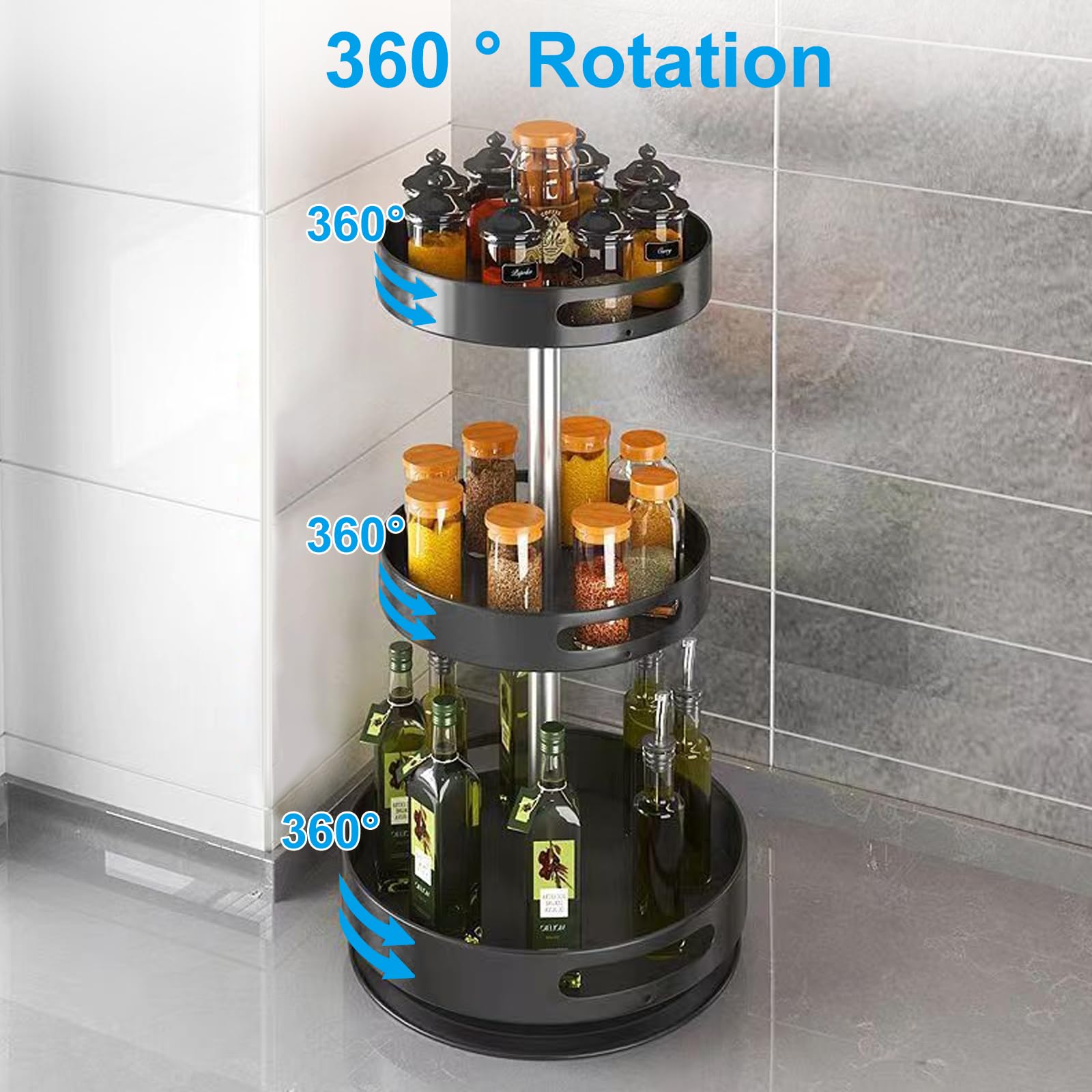 Lazy Susan Organizer, 2/3 ripiani, girevole a 360°, in acciaio al carbonio, supporto per spezie, regolabile in altezza, per cucina, tavolo, piano di lavoro, armadio, dispensa (3 piani)
