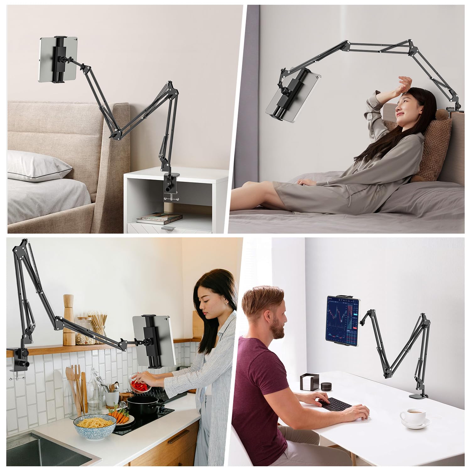 JUBORUI Support Tablette Lit Bras Métalliques Réglables 110 Cm – Porte IPad/Tablette 4.7-12.9" Avec Rotation 360°, Fixation Lit/Bureau, Ultra Stable