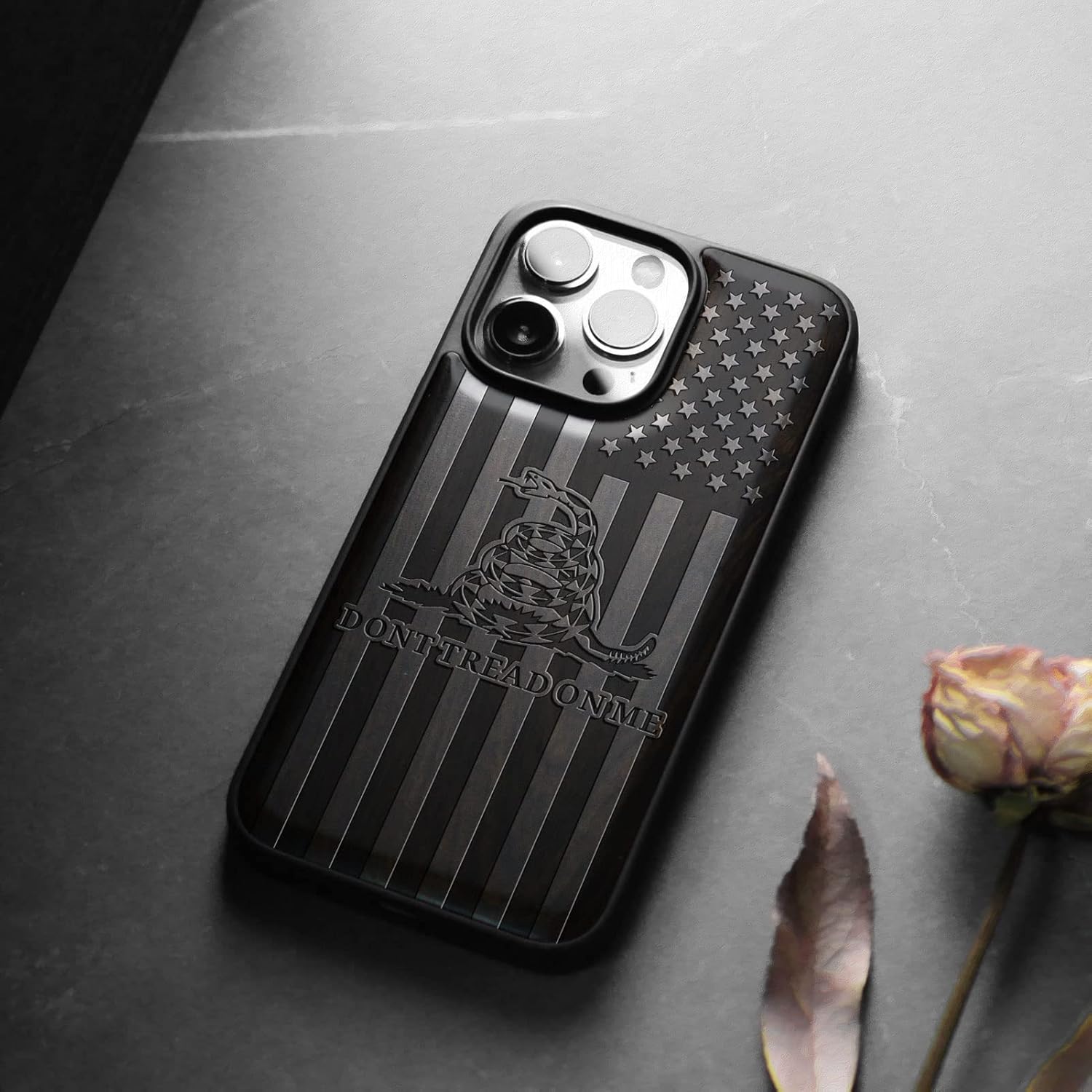 Carveit Magnetic Wood Case for iPhone 13 Pro Max [Natural Wood & Soft TPU] Unique Wooden Shockproof Protective Cover Compatible with MagSafe (Gadsden and American Flag -Blackwood)