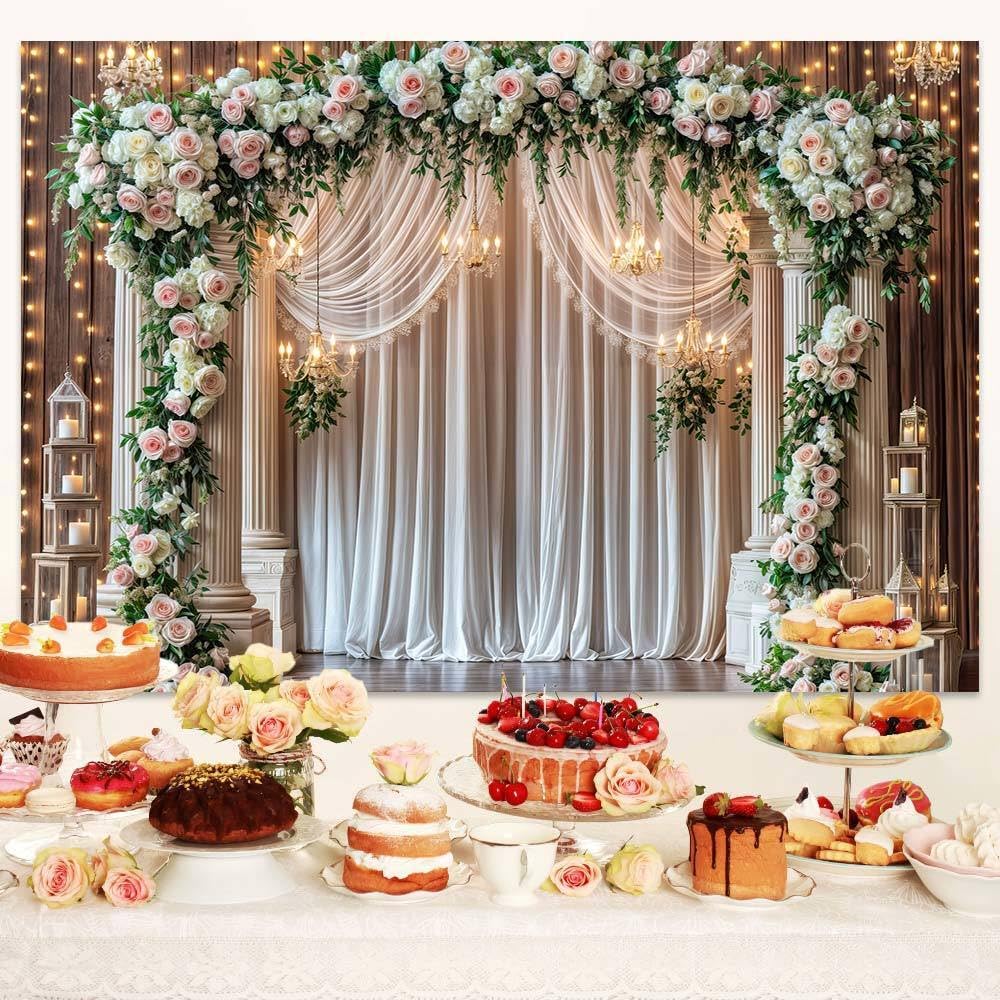 3 x 2,4 m ślub drewniane tło brokatowe biała zasłona róża kwiatowy ściana drzwi fotografia tło zachodnie vintage rocznica ślubu baner urodziny baby shower sesja zdjęciowa dekoracja rekwizyty dekoracja