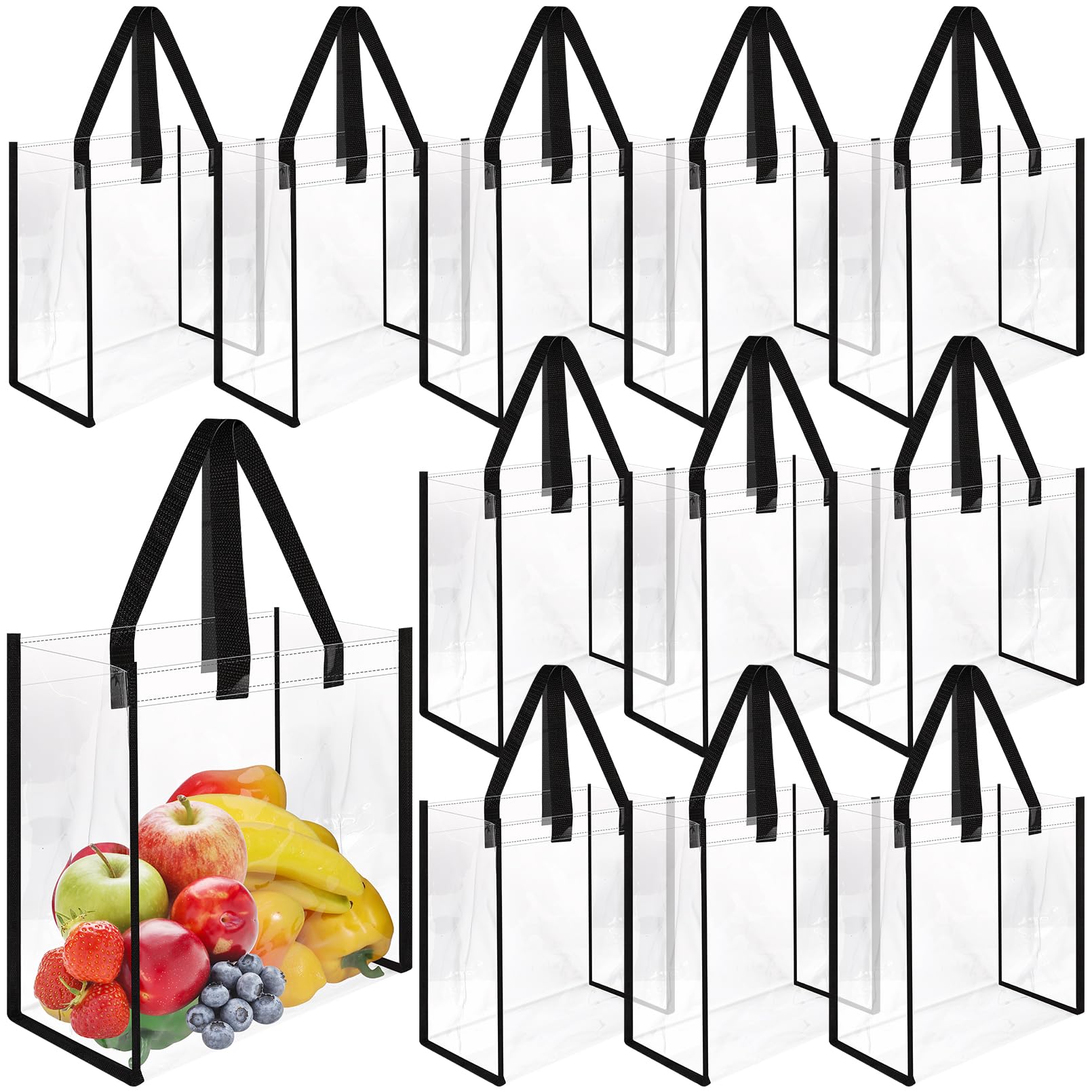 Dyrfolm 12 Pack Clear Tote Bags, Stadium Approved, Plastic Tote Bags with Handle, Transparent Plastic Tote Gift Bags for Work, Sports, Shopping, Beach