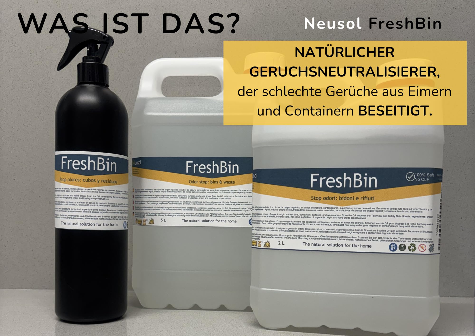 FreshBin - Geruchsneutralisierer für Eimer, Behälter und Abfallbereiche | entfernt biologische, Fisch- und Speisereste | Zitrusfrische | sichere Formel ohne CLP 0,75L