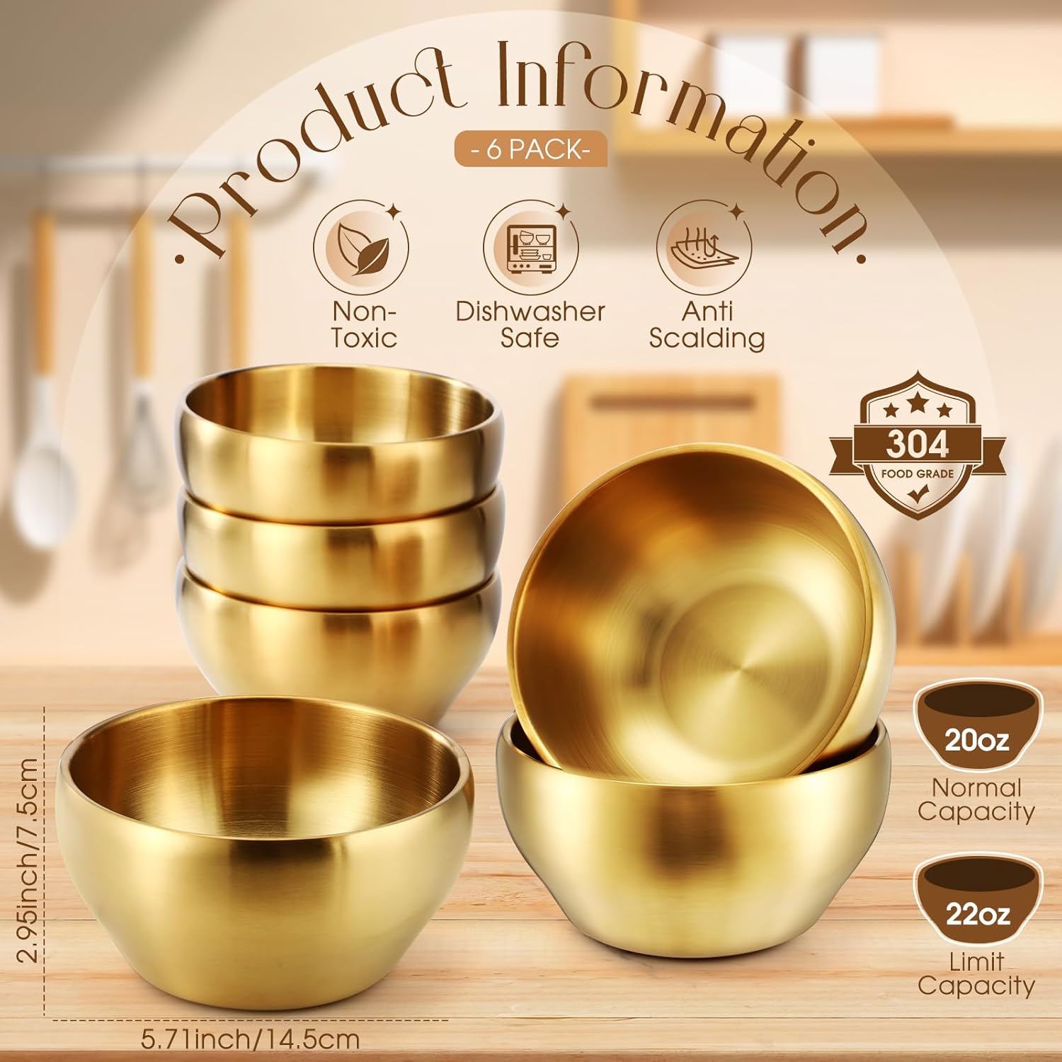 Lallisa 6 Pcs 20 oz 304 Stainless Steel Gold Serving Bowls 5.7" Double Walled Insulated Ice Cream Bowl gold mixing bowls for Rice, Dessert, Pasta, Fruit, Salad, Soup, Cereal, Snack, Dishwasher Safe