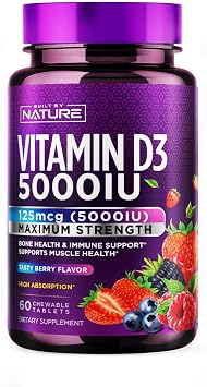 Built by Nature Chewable Vitamin D3 5000 IU, 60 Tablets | Sugar Free, Natural Berry Flavor, Vitamin D Supplement Chews