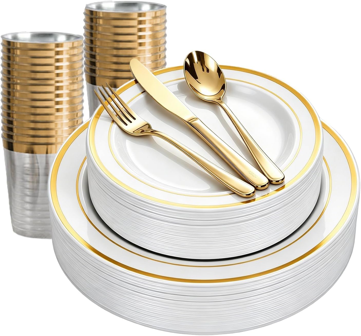 – Reusable Plastic Dinnerware Set for 25 Guests – Washable & Dishwasher Safe – Includes Plates, Cutlery, Cups, Napkins – Gold