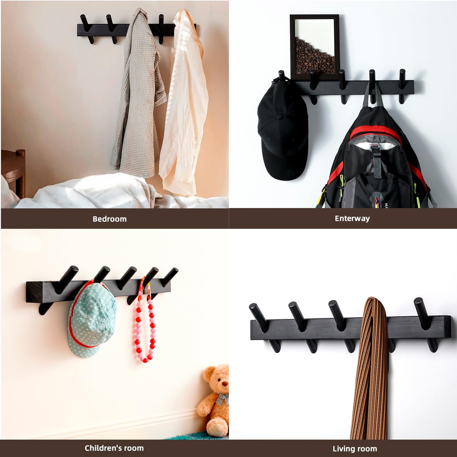 Solid Wooden Coat Rack Wall Mount,Removable Wood Wall Hooks for Hanging,Installation in Entrances Bathrooms and Utility Rooms for Storage(Black, 5 Hooks)