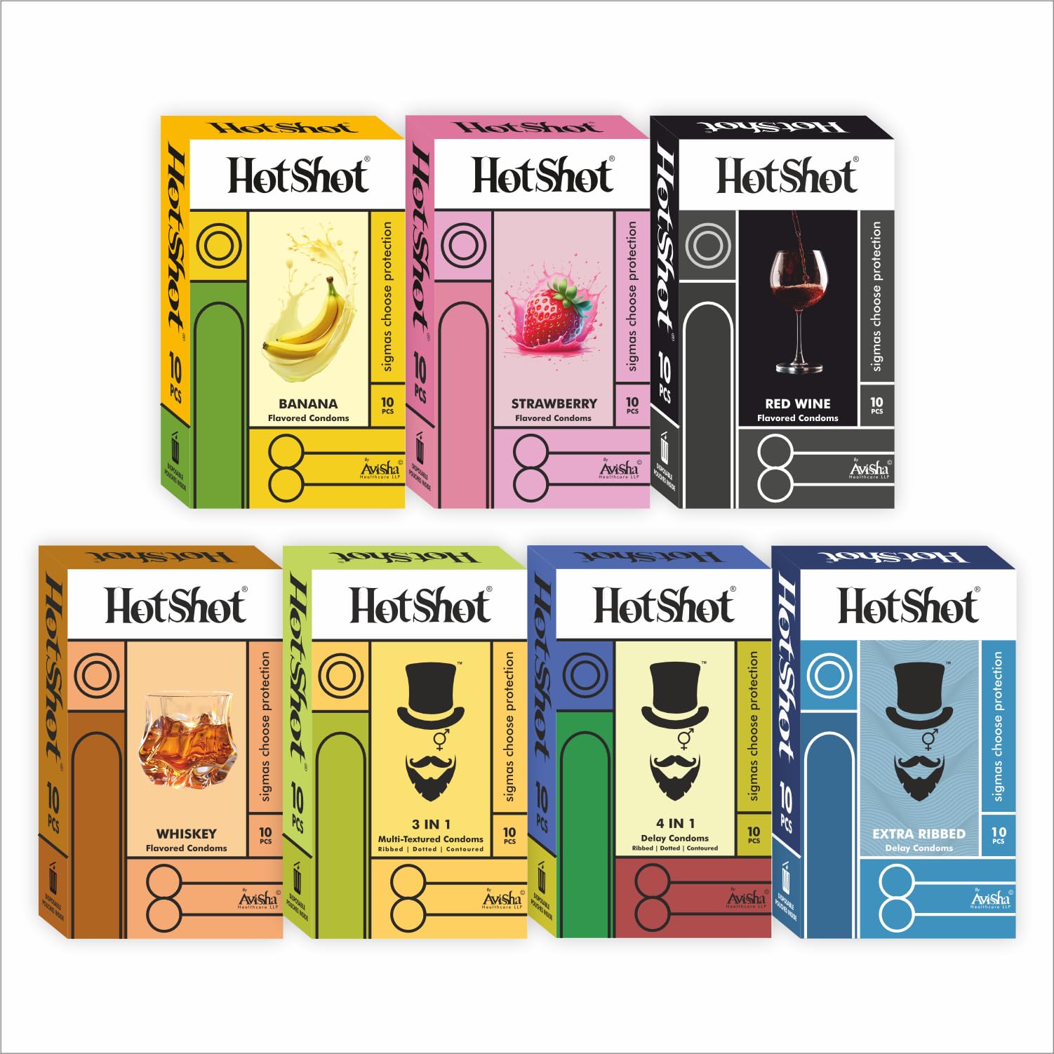 HOTSHOT Condom Combo for Men: 4-in-1, 3-in-1, Banana, Red Wine, Strawberry, Whiskey, Extra Time Delay (7 Pack, 70 Pieces)-image-47