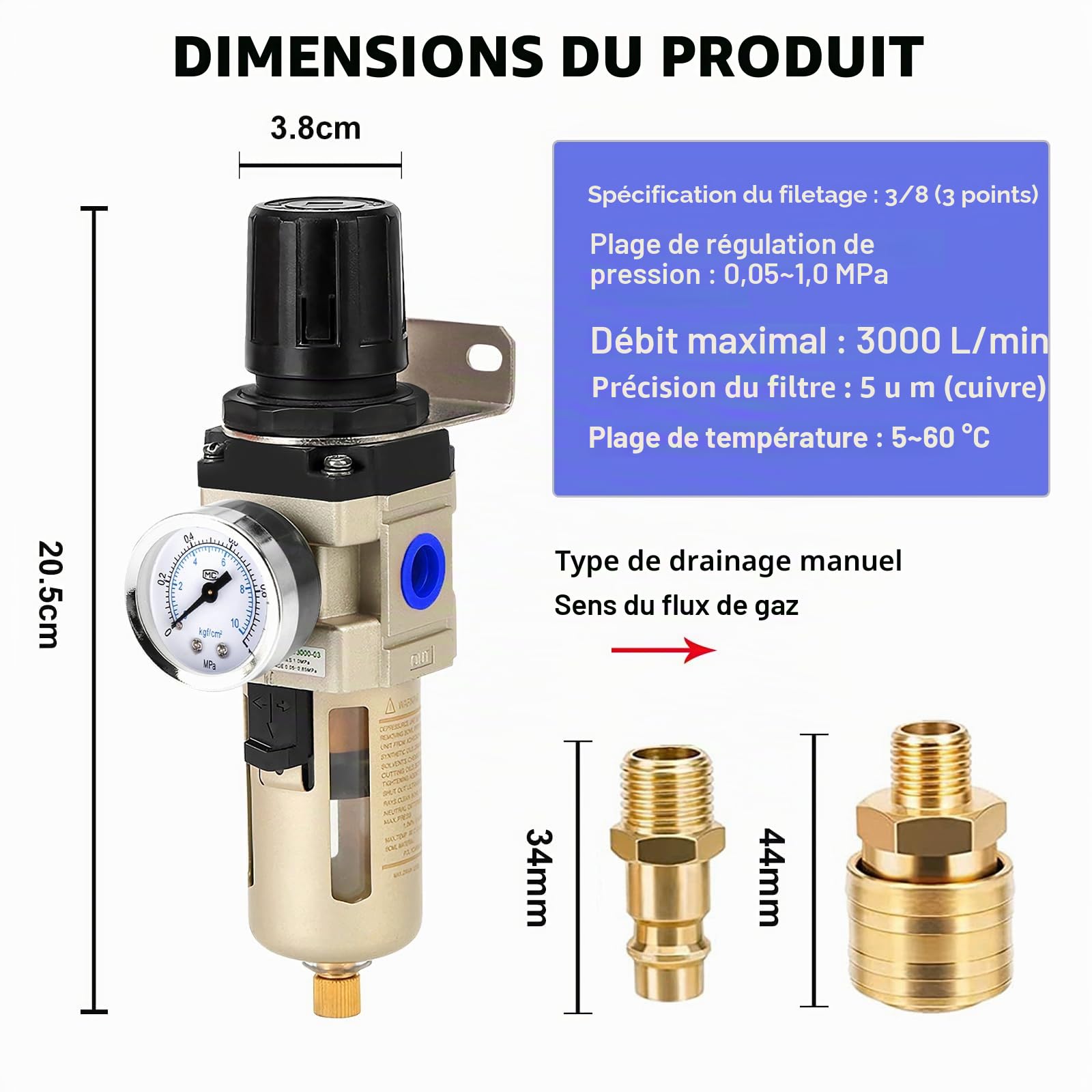 Réducteur De Pression D'air Comprimé 3/8, Séparateur D'eau Air Comprimé, Régulateur De Pression, Séparateur D'eau Réducteur De Pression, Régulateur D'air Comprimé