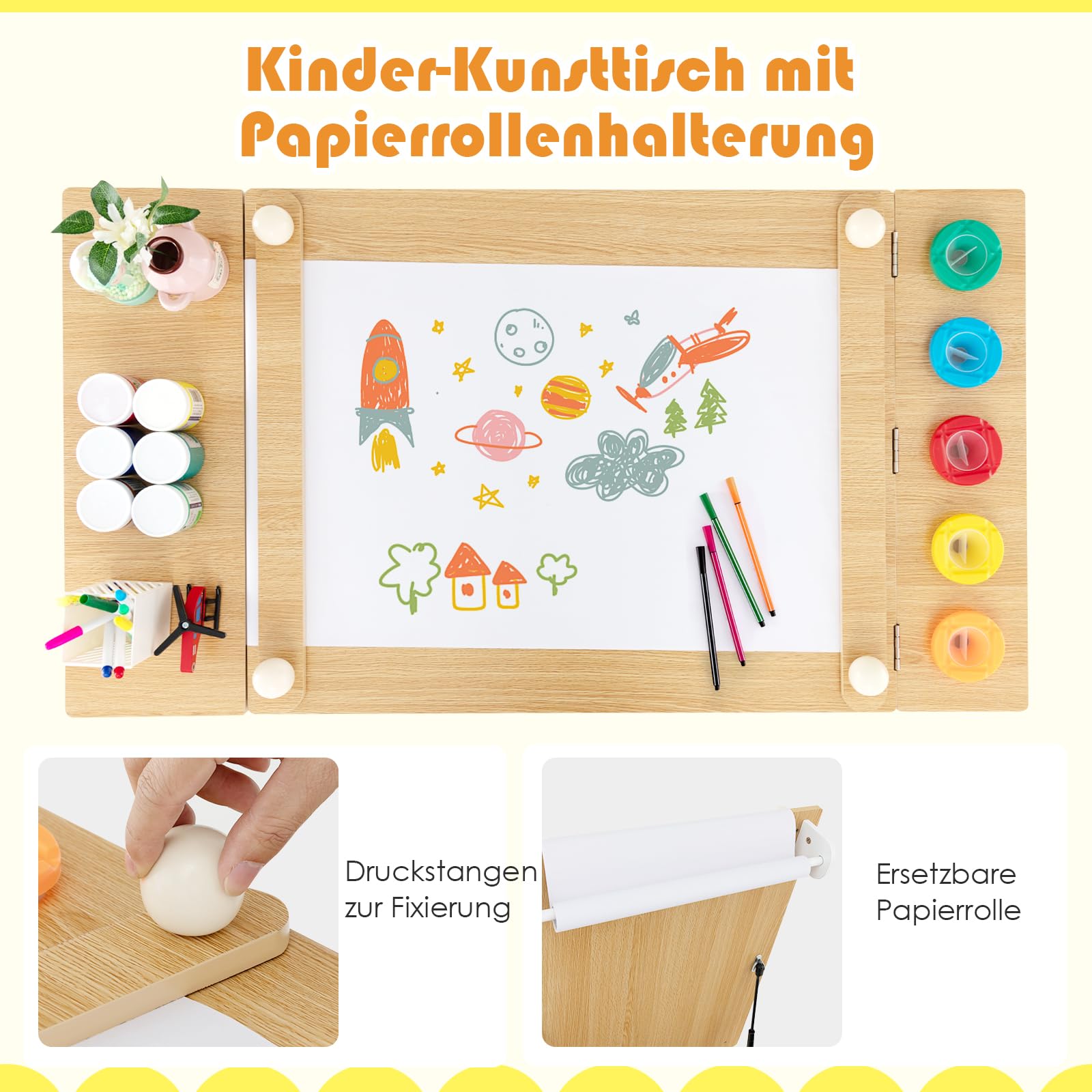 GOPLUS Kinderkunsttisch mit 2 Stuhl & seitliche offene Regal, Kindermöbel Set mit Stauraum & Maltisch, Kindersitzgruppe für Zeichnen & Schreiben, für Kinderzimmer Spielzimmer Kindergarten (Natur)