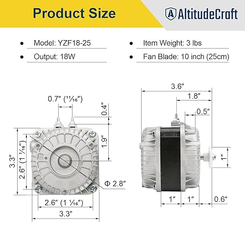 Miniatura 5 de AltitudeCraft Motor de ventilador de condensador YZF18-25, motor de ventilador de CA de 120V 60Hz 1.01A 18W, motor de poste sombreado reemplaza