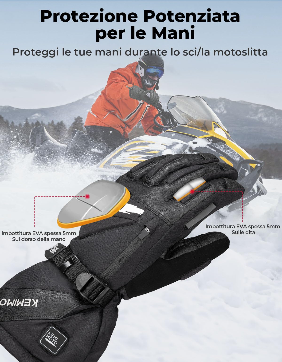 KEMIMOTO Guanti Riscaldati Uomo Donna con Protezione in EVA, Ricaricabili Guanti Invernali Termici da Sci con 7.4v 2500 mAh, Adatti da -20°C a -5°C, Ideali per Motoslitta Escursionismo Ciclismo