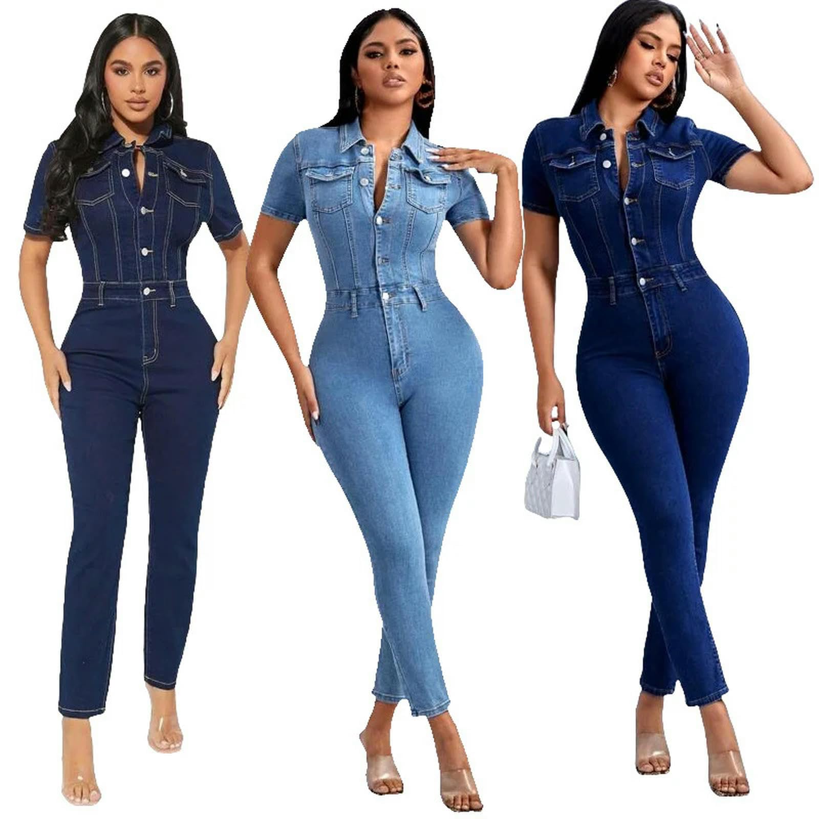KWTF Combinaison sexy extensible à manches courtes en jean pour femme, bleu marine, M