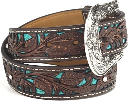 Miniatura 3 de ARIAT Cinturón floral marrón juvenil con incrustaciones de turquesa pintadas