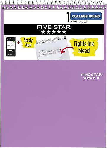 Five Star Cuaderno de espiral superior + aplicación de estudio, 1 materia, bloc de notas con rayas universitarias, 8-12 x 11 pulgadas, 100 hojas,