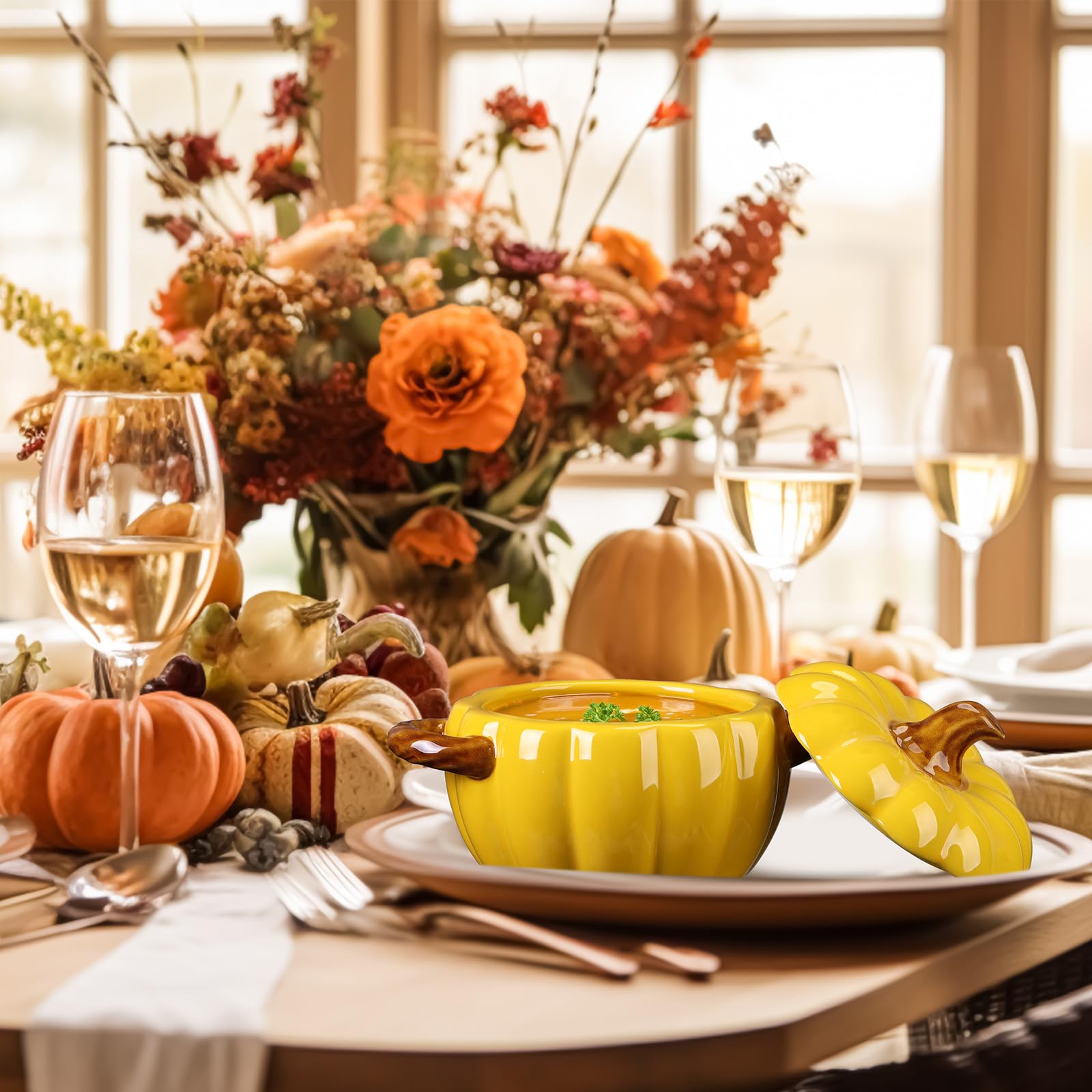 Uiifan Lot de 2 bols à citrouille en céramique de 500 ml pour la cuisine - Marmite mignonne sans danger pour la citrouille avec couvercle à double oreille pour Thanksgiving, automne, pâtisserie,