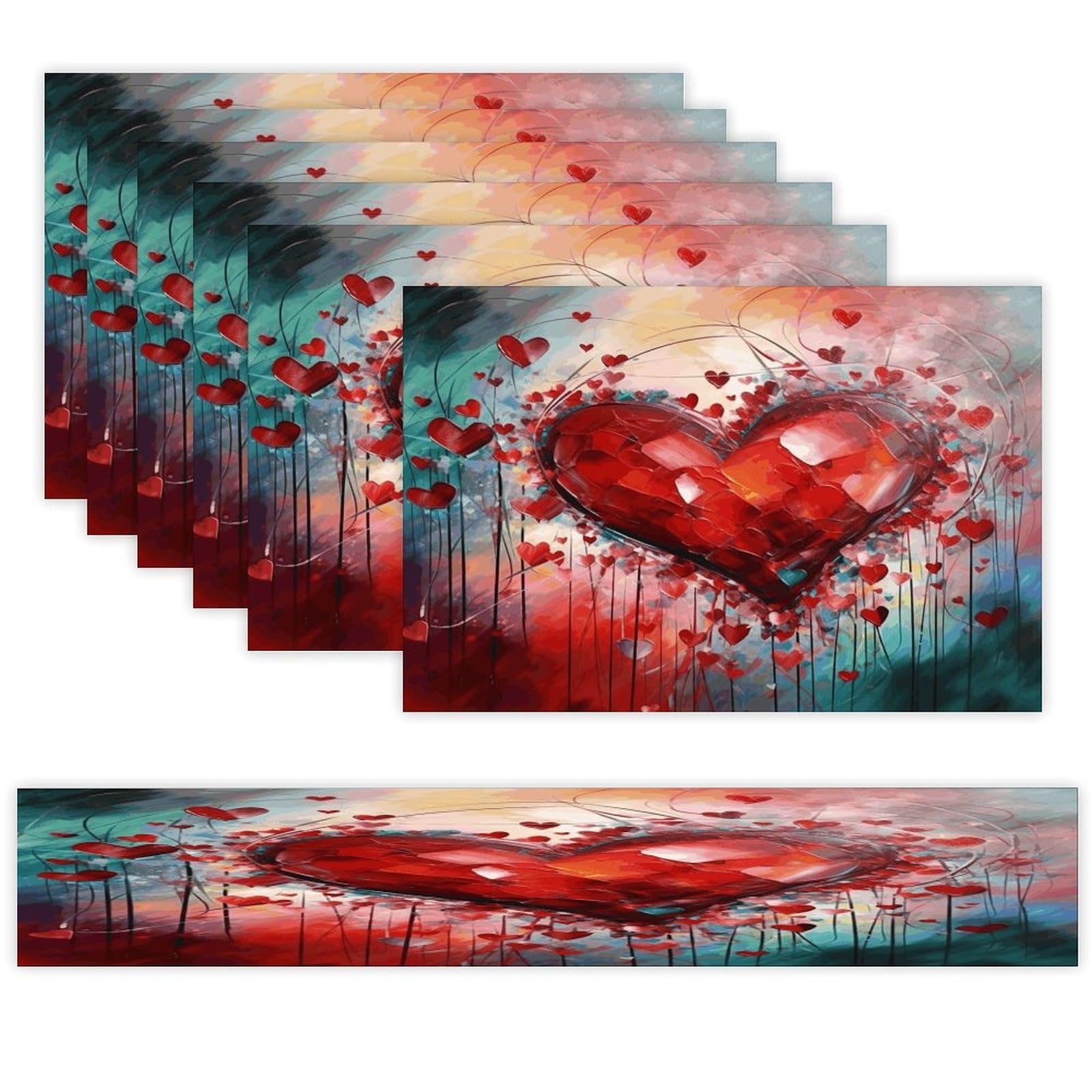Abstract Heart Table Runner and Placemats Set of 6 Wipe Clean Heat Resistant Table Mat with Table Runner Decorations Flax Linen Place Mat Set for Home Kitchen Party Supplies