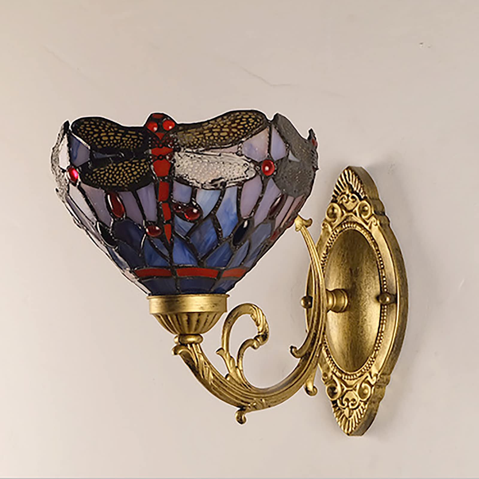 Antigua libélula Estilo Tiffany lámpara de Pared, 8 Pulgadas de Cristal Rojo Perlas de Vidrio de Color Bronce Base de luz de Pared, Estilo rústico Victoriano lámpara de Pared para la Escalera