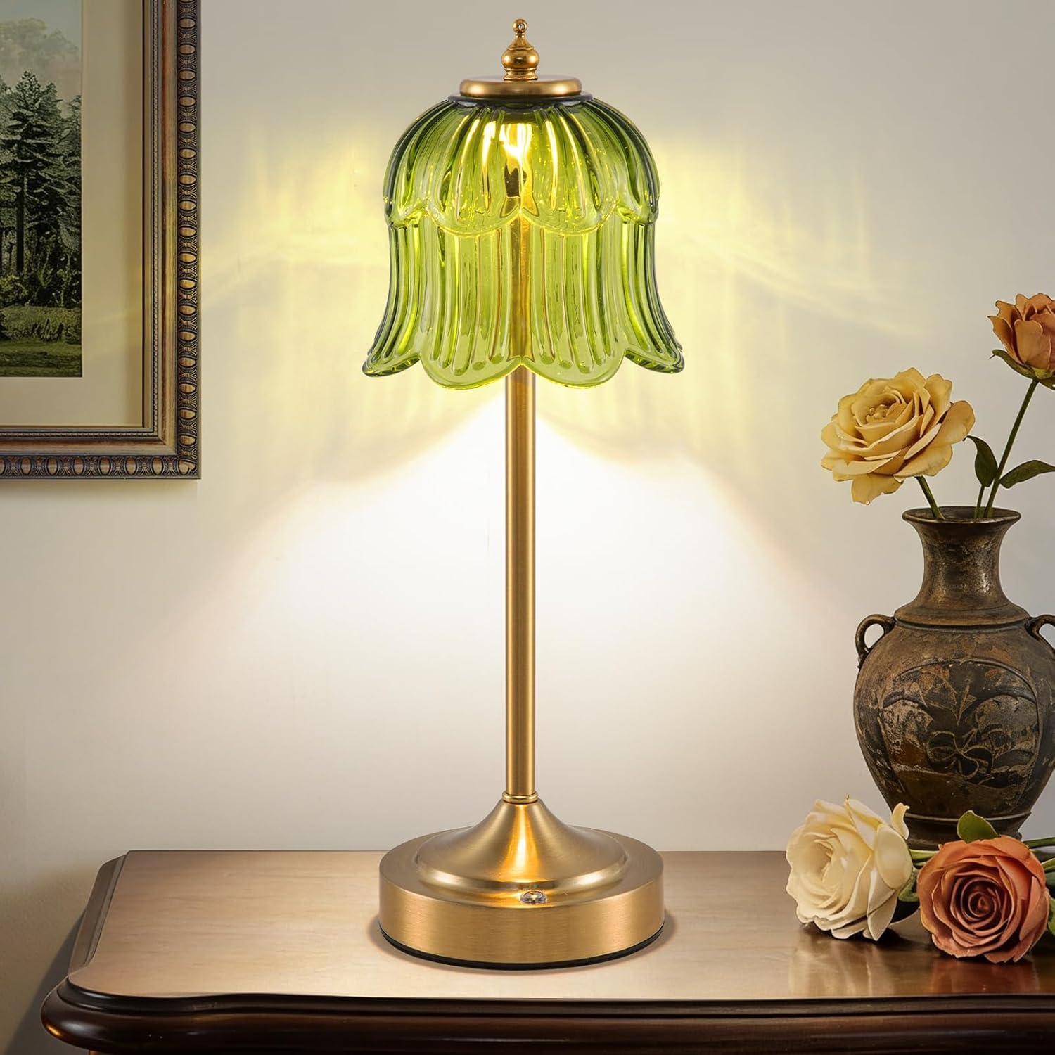 Retro Rose Tischlampe Kabellos, Wiederaufladbar mit 6000mAh Akku, 3 Farbtemperaturen Dimmbar, Tragbare LED-Tischlampe für Esszimmer, Schlafzimmer,Bartheke(Smaragdgrün)