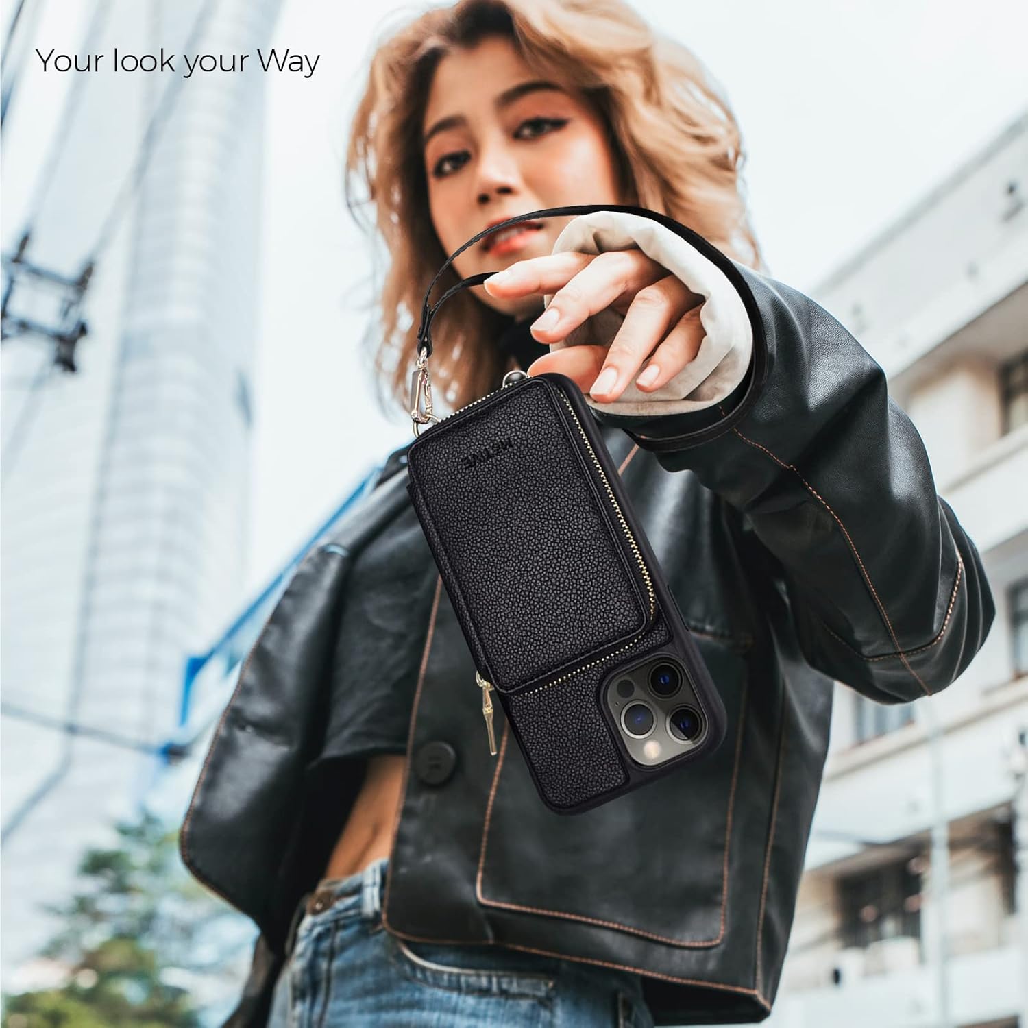 MOTIVE for iPhone 14 Pro Max Wallet Case Designed in New York, Crossbody Phone Case for Apple iPhone, Zipper Purse Case Wallet with RFID Blocking Card Holder 6.7" Color Black - Fancy Series