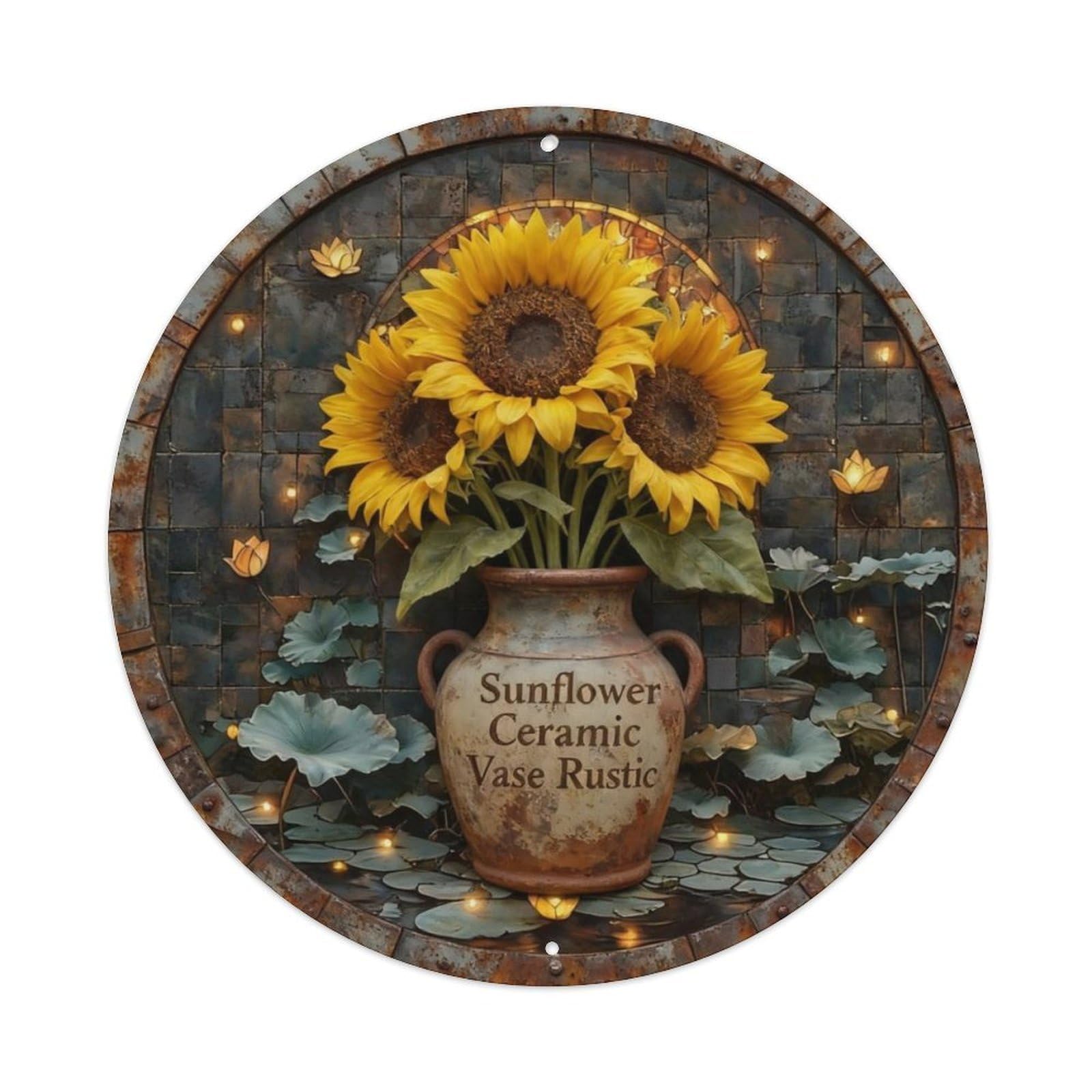 Sunflower Ceramic Vase Rustic Metal Tin Sign Plaque