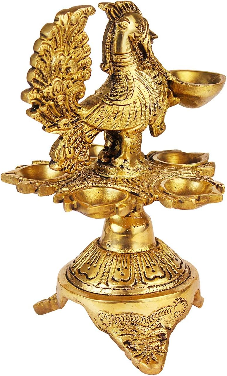 Kartique Brass Peacock Design Oil Diya with Base for Home Decor Oil Lamp Deepam for Home Temple Aarti Height 6 Inch Gold Color Size Small