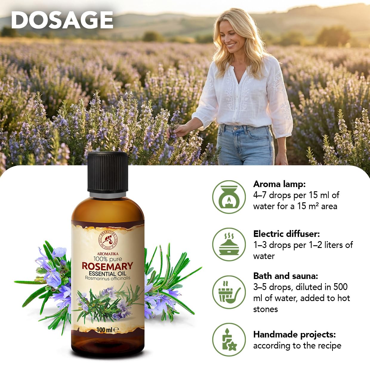 Olejek Eteryczny Rozmarynowy 100 ml - Rosmarinus officinalis - Olejek Aromatyczny do Dyfuzora - Aromaterapia - Świece Zapachowe - Mydła - Długotrwały aromat - Odświeżanie Powietrza
