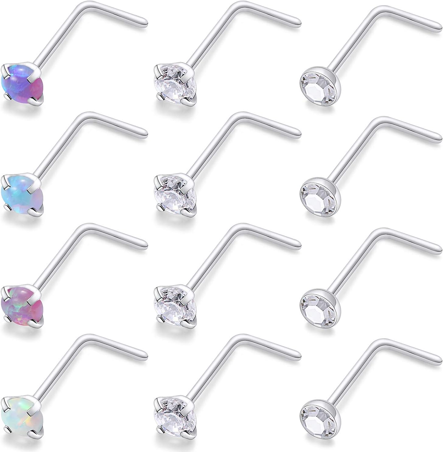 Cisyozi 18G 20G 22G Nose Rings Studs Surgical Steel Nose Stud Set 1.5mm 2mm 2.5mm 3mm Diamond Cubic Zirconia Opal Screw L Shaped Straight Nose Piercing Jewelry for Women Men
