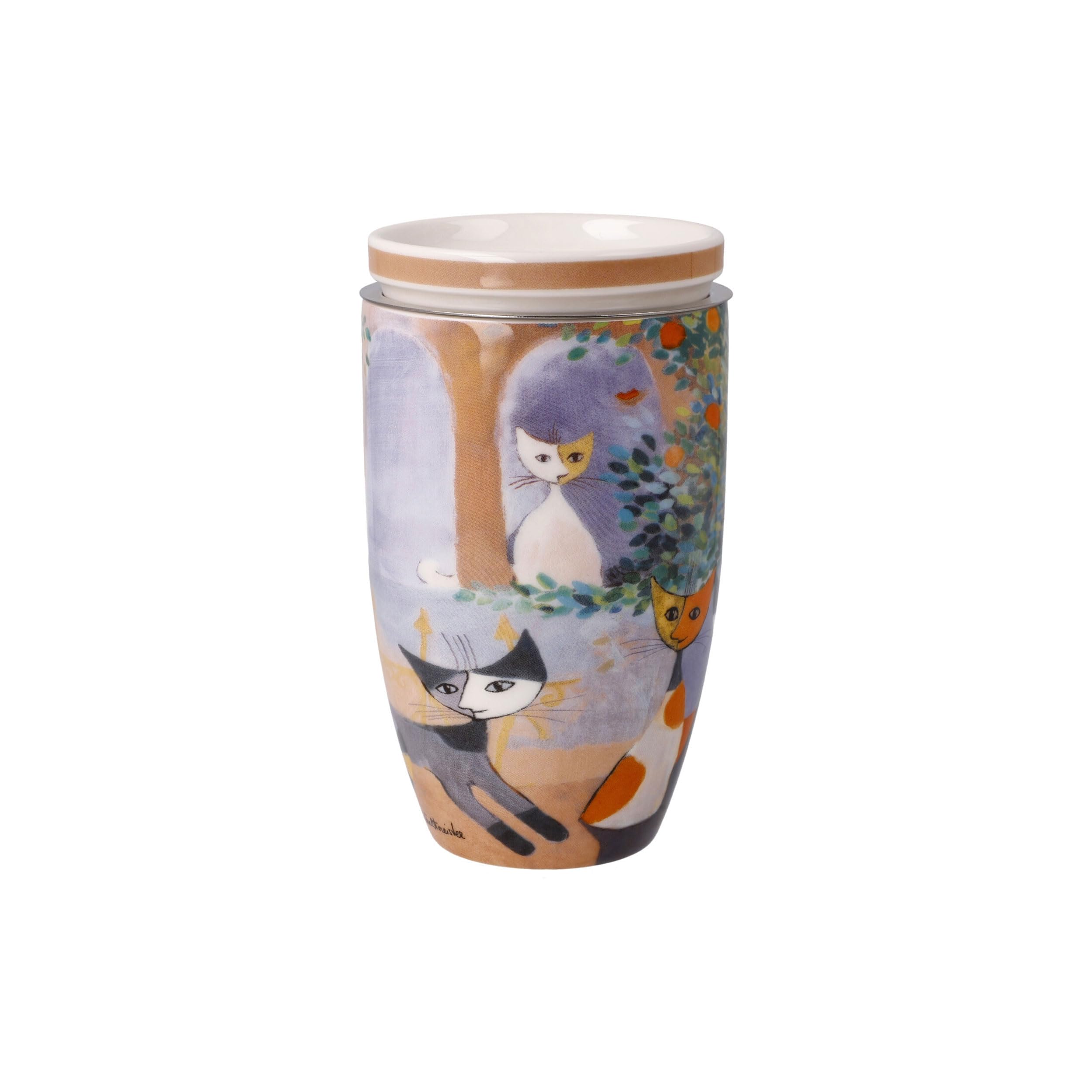 Goebel 66-861-32-1 - Tazza da tè con coperchio e colino Rosina Wachtmeister - Tempi felici in fine bone cinese, metallo, colore: Multicolore, dimensioni: 11,5 x 8 x 14 cm