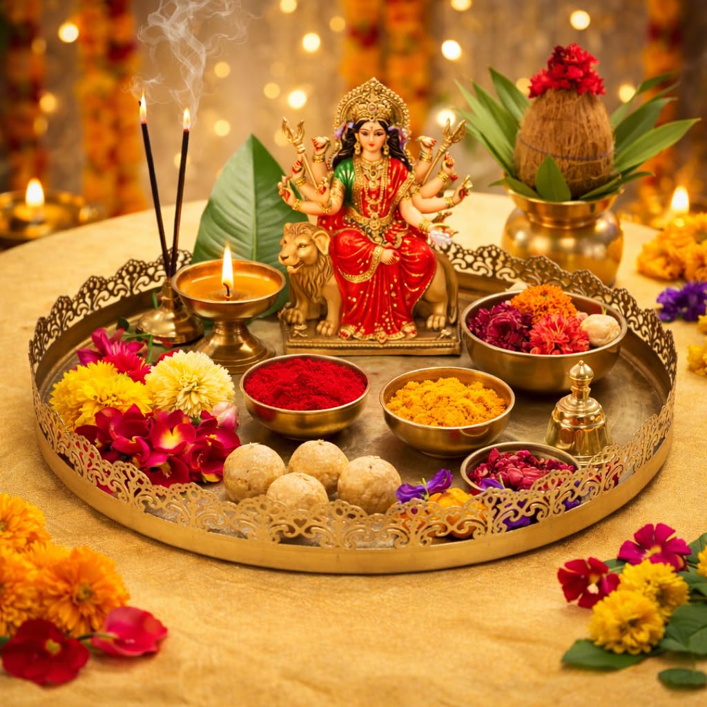 Decorative Metal Pooja Thali 28 cm | Traditional Puja Plate with Elegant Cutwork Border | Gold Color Aarti Thali for Mandir, Navratri, Diwali & Daily Worship-image-49