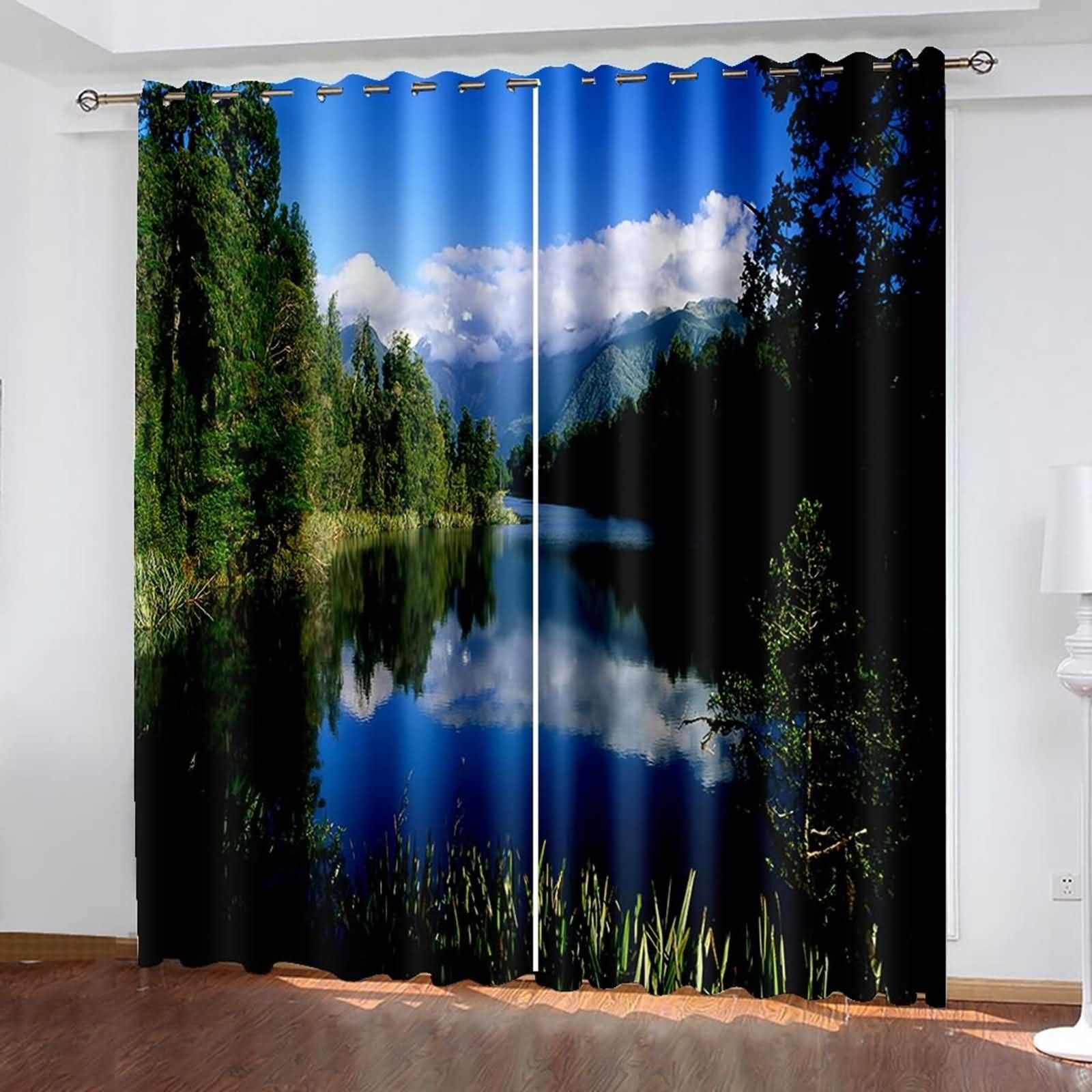 2 Panels Küchen Gardinen Blickdicht,2 x 234W x 229H cm,Vorhang Schlafzimmer mit Ösen Bergsee und Baumlandschaft Vorhänge Schlafzimmer Modern Blau Grün