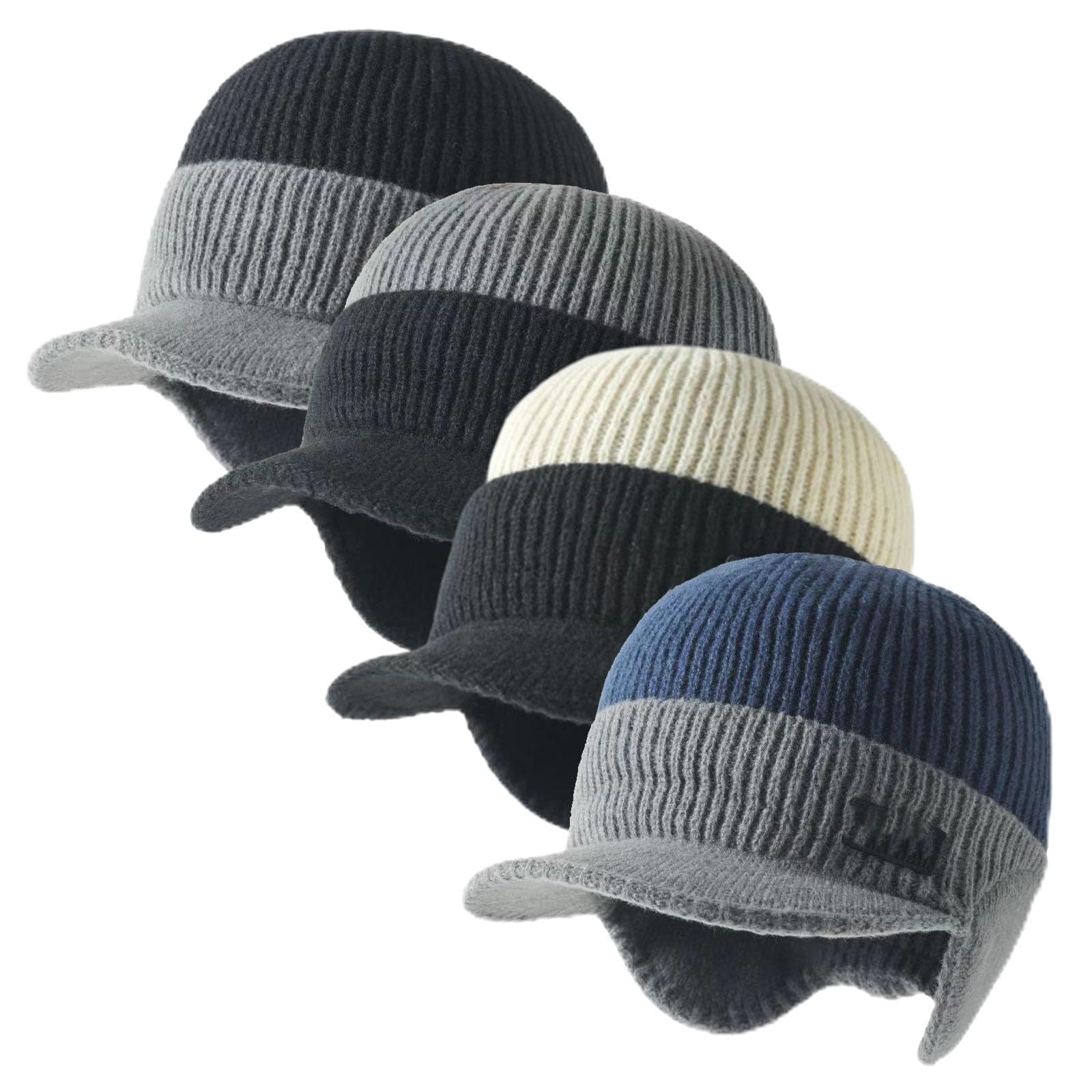 Cappello invernale da uomo lavorato a maglia con paraorecchie con tesa, caldo berretto foderato in pile per uomo, cappello termico antivento lavorato a maglia