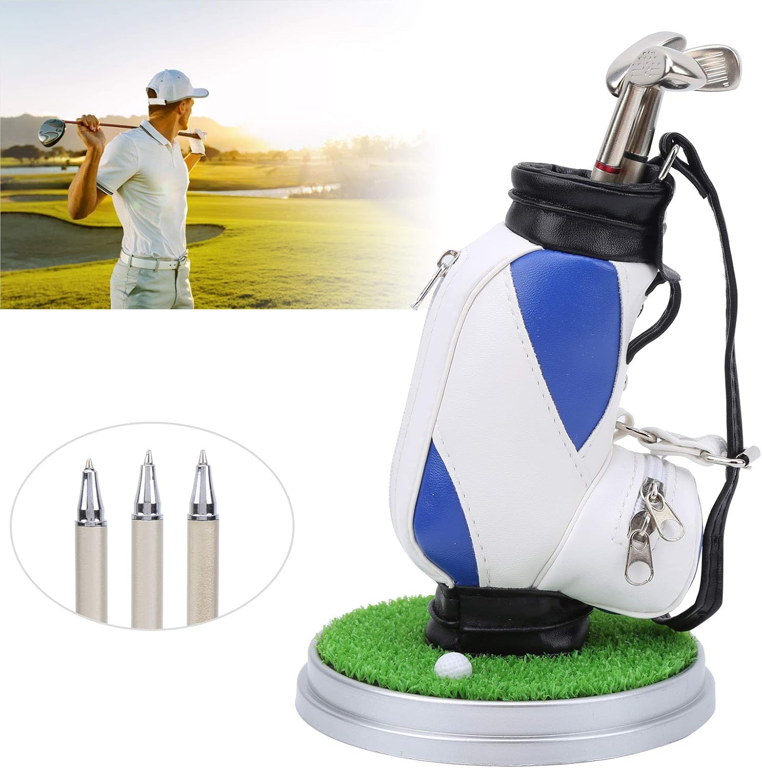 Desktop Office Golf Pens with Bag, Golf Bag Pen Holder, Souvenir Set for Fathers Fans Men Golfer(Blue and White)