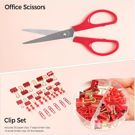 SKYDUE Office Supplies Set Red Desk Accessories Stapler Tape Dispenser Scissors Binder Paper Clips 1000 Pcs Staples Office Decoration for Women
