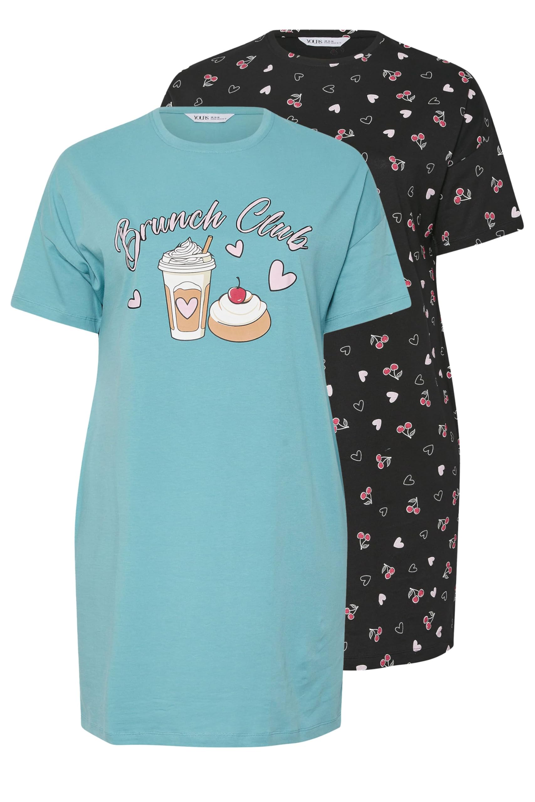 Yours Women's Blue Yourset Curve 2 Pack Cotton 'Brunch Club' Nightdresses - Plus Size Curve