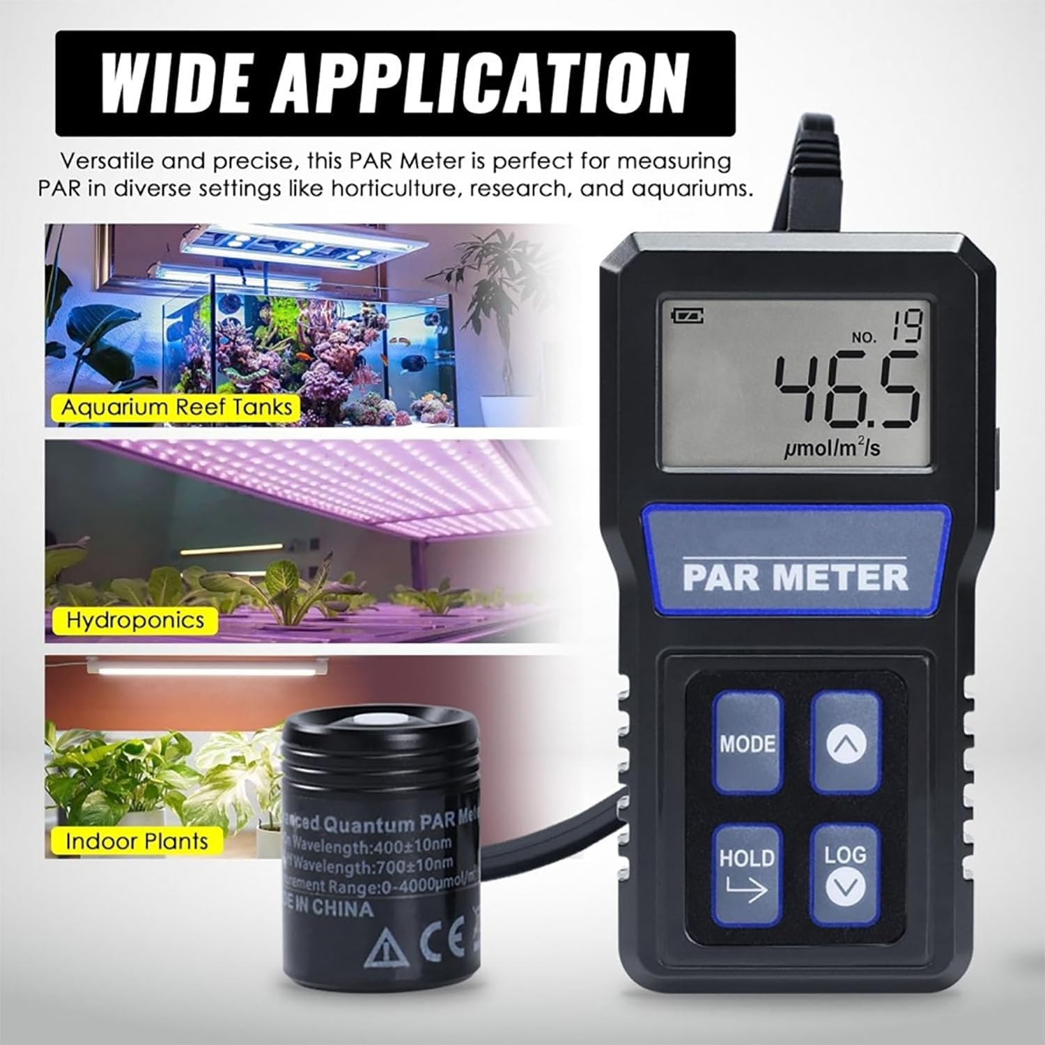 Aquarium Par Meter, Quantum Par Meter with Large LCD Display and Extension Pole, 400nm to 700nm Wavelength Range and Support 100 Groups Data for Plants, Aquarium