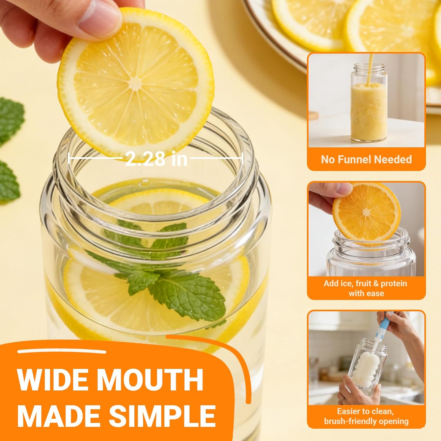 20 oz Wide Mouth Glass Juice Bottles with Stainless Steel Lids, Leakproof, Airtight, Reusable, Dishwasher Safe, Cup Holder Friendly, Brush Included, for Juicing, Smoothie, Infused Water, 4 Pack