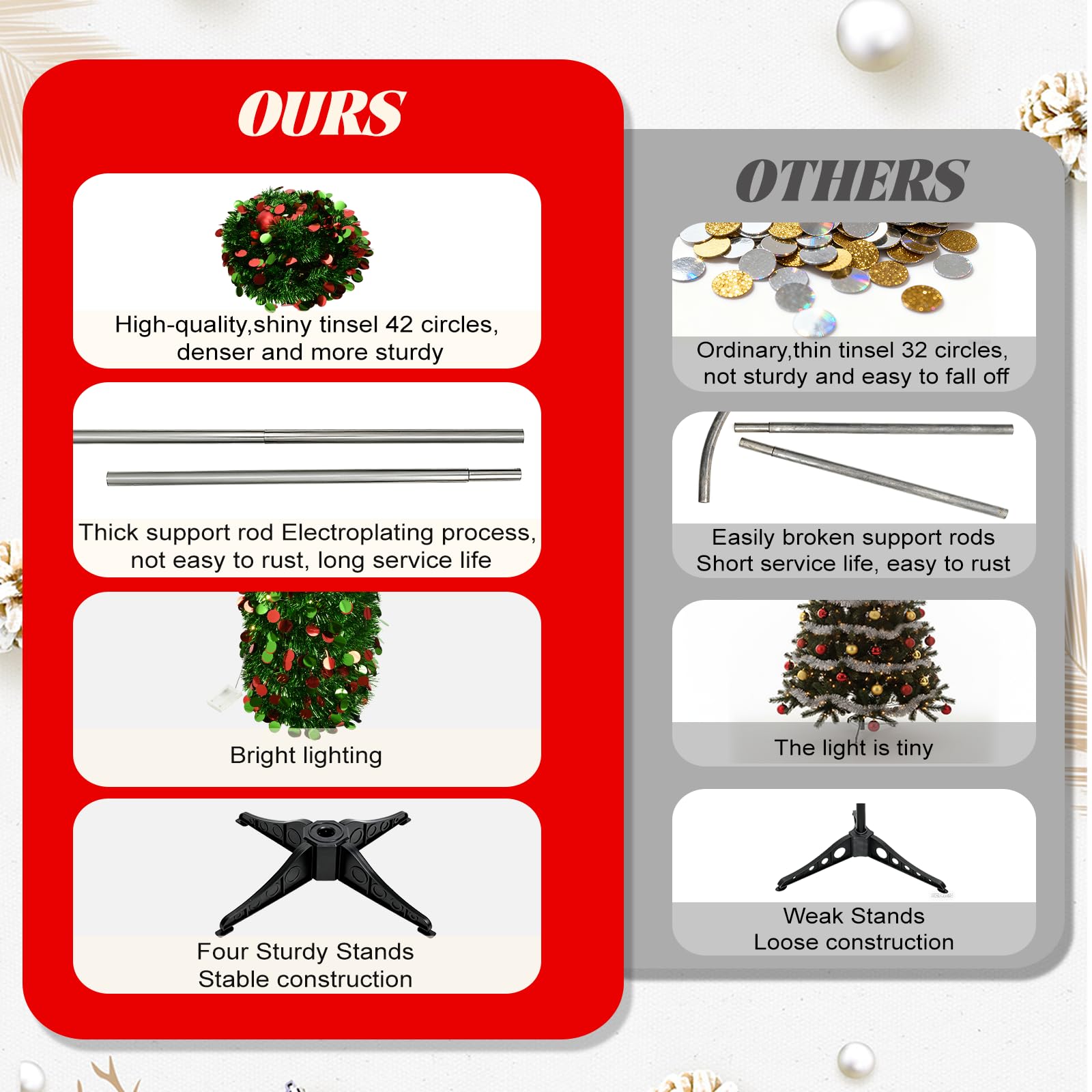 Albero di Natale Pop Up Slim 150 cm pieghevole con paillettes rosse e verdi, design con cappello curvo, decorazione natalizia veloce per casa, ufficio e soggiorno