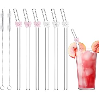 Pack of 6 Reusable Glass Straws | High borosilicate glass, cute glass straws with colourful bow, shatterproof, suitable for c