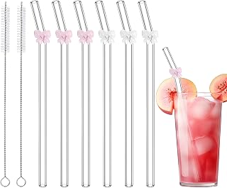 6 Pcs Reusable Glass Straws, Cute Glass Straw with Bow Charms | Shatter Resistant, Clear Straws for Coffee, Cocktail, Milkshake, Smoothies, Juice, Aesthetic Gift, 7.9''×8mm