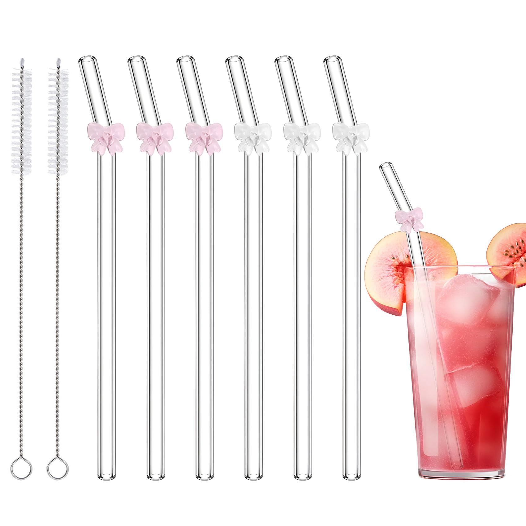 6 Pcs Bow Glass Straws, Cute Pink Reusable Straws with Cleaning Brush, Clear Glass Straw Drinking Set for Coffee, Cocktail, Smoothies, Juice
