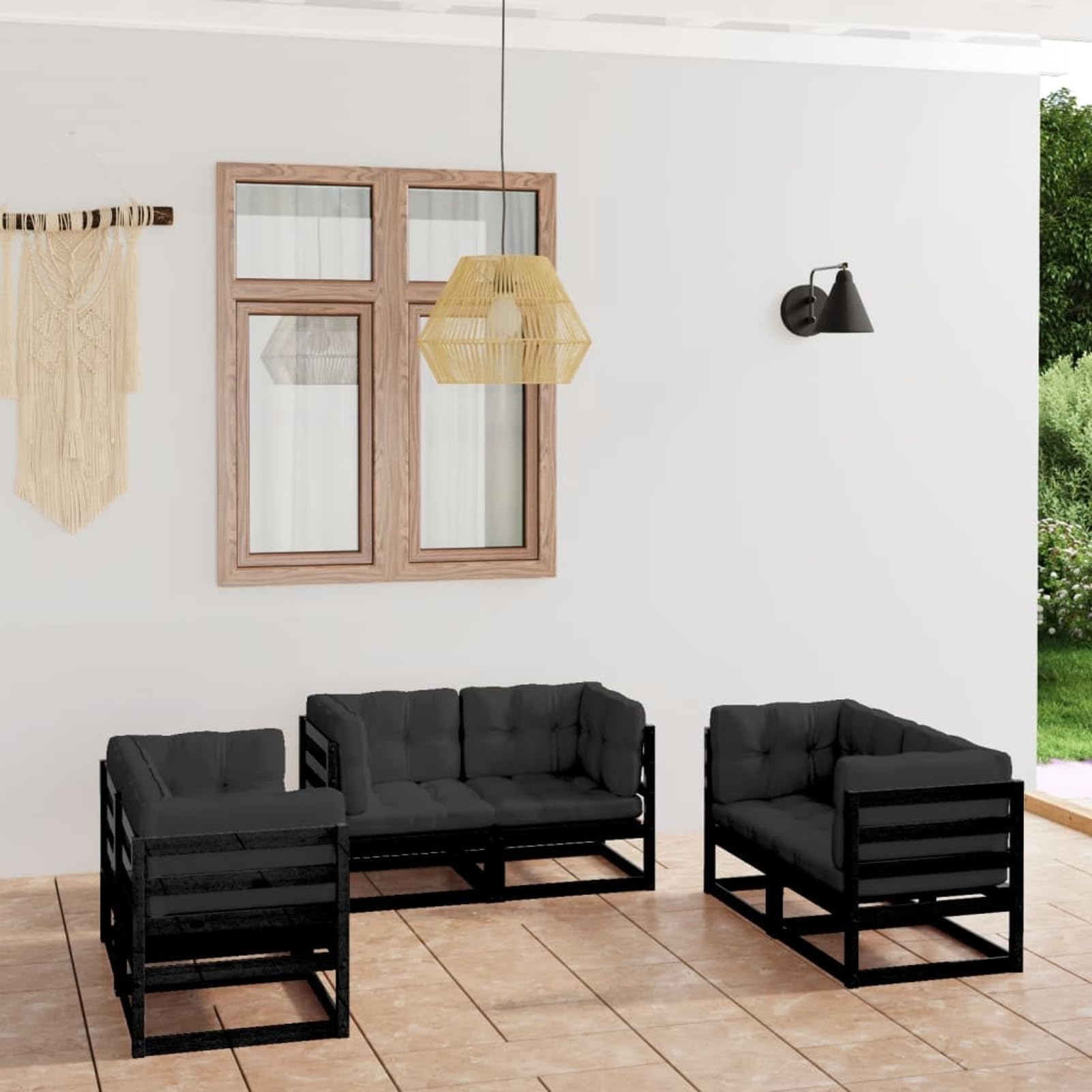 Homgoday Juego de Muebles de jardín 6 pzas y Cojines Madera Pino Maciza Muebles de terraza Conjunto de Jardin Exterior para jardín, terraza, Exterior Cojín Incluido Negro