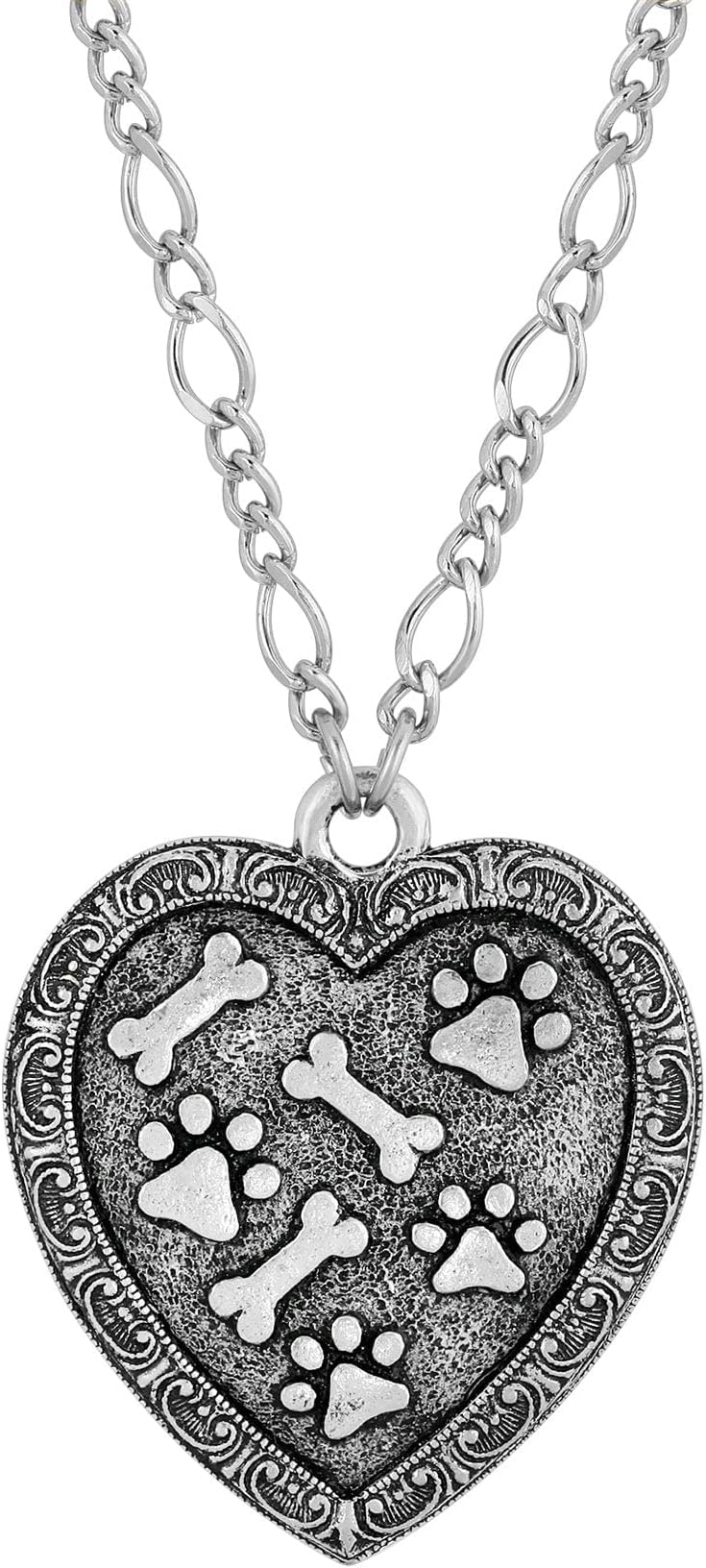 1928 JewelryAntiqued Pewter Paw and Bones Heart Pendant Necklace 28 Inch, One Size, Pewter, No Gemstone