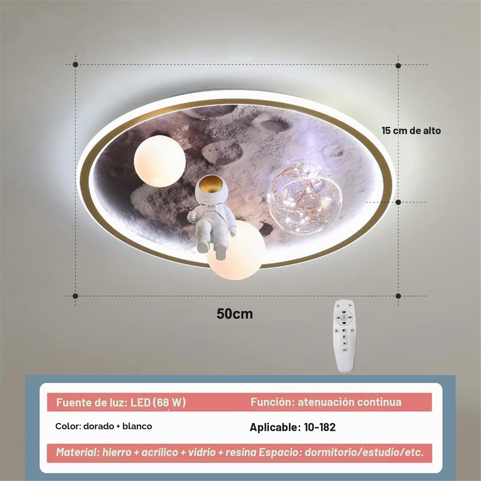 Lampara Techo Infantil, 68W Lámpara de Techo Dormitorio Astronauta Luna, 50CM Plafon LED Regulable con Control Remoto, 3000K/4000K/6000K, para Habitación Infantil/Juvenil Deco