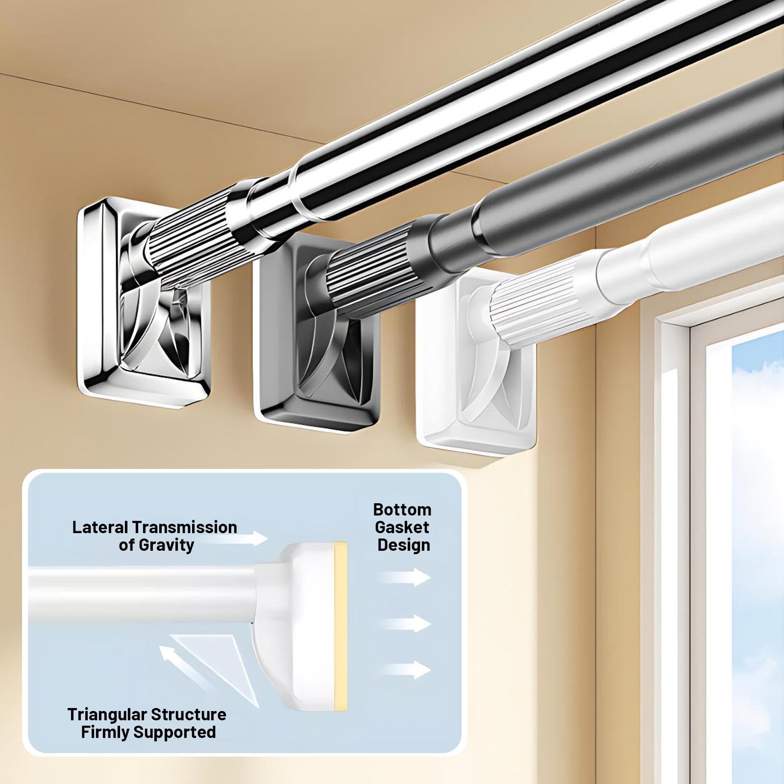 Bastoni Tende a Pressione Regolabile 40-300 cm Bastone Tende Doccia in Acciaio Inox Asta Telescopico Estensibile Senza Forare per Bagno Armadio Garderobe(White,(102"-137")260-350cm)