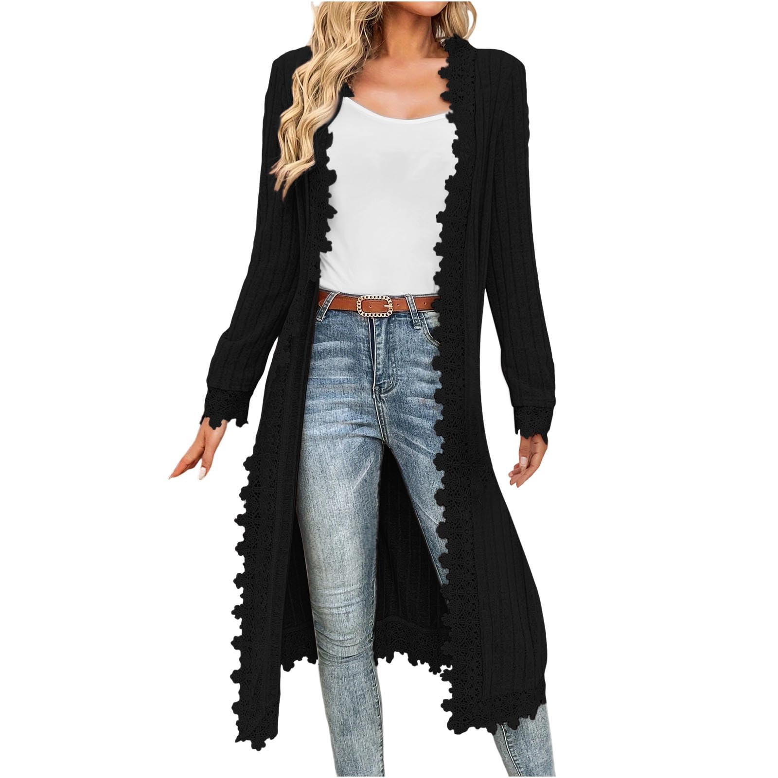 Women's Long Knit Cardigan Sweaters with Trim, Long Sleeve Open Front Drape Knit Duster Coat Lightweight Cardigans