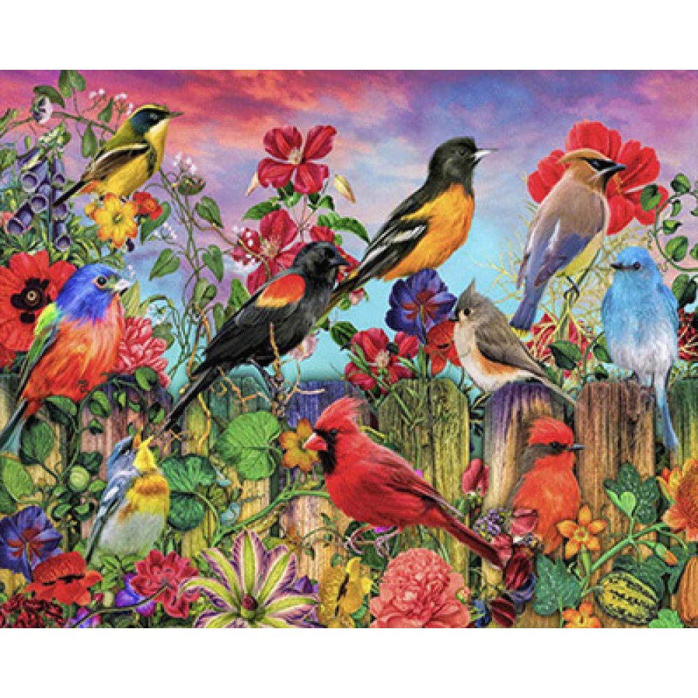 Kit broderie diamant 5D mosaïque oiseaux et clôture de jardin 30x40 cm avec strass carrés