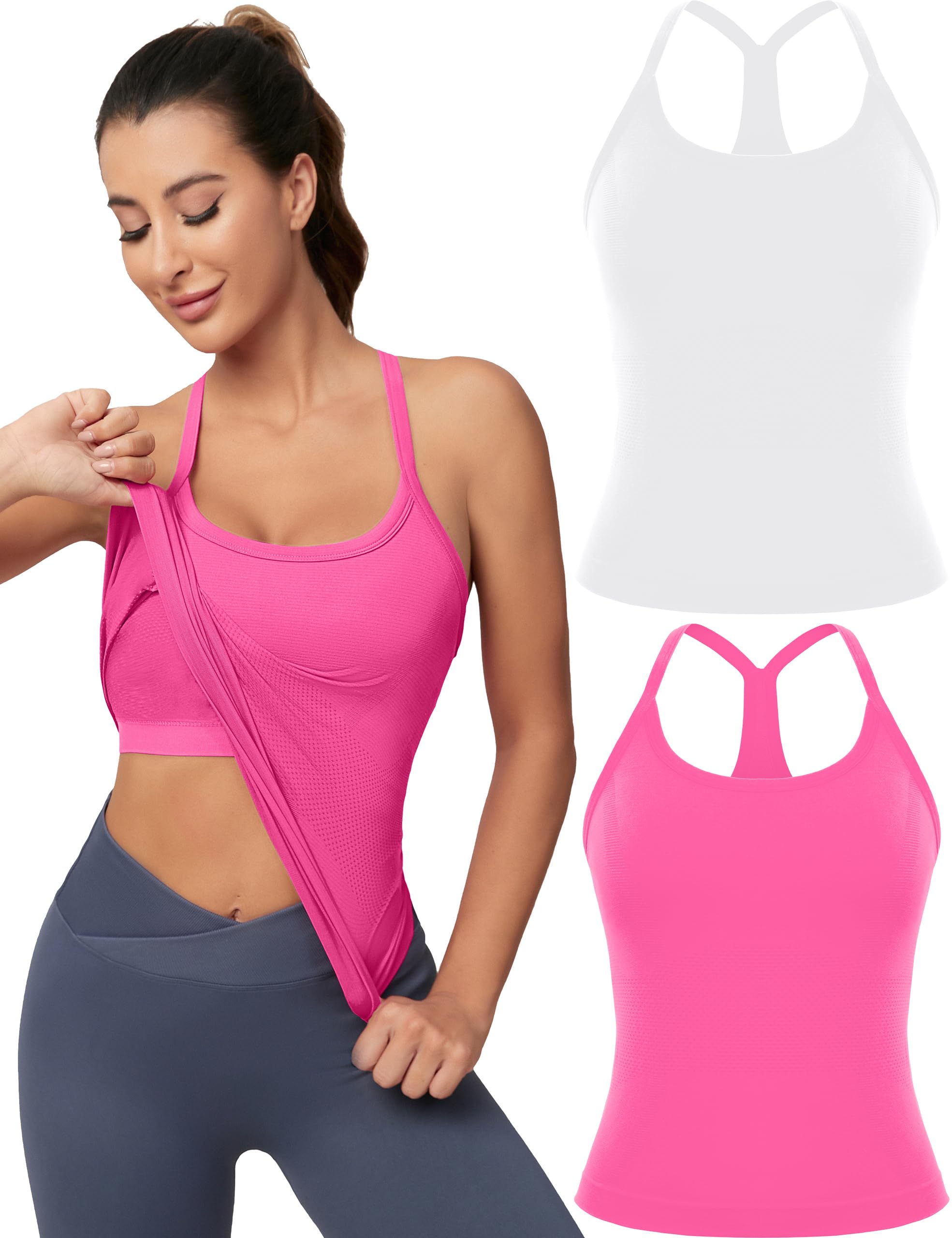 Workout Tank Tops for Women with Built in Bra, Sleeveless Gym Tops Seamless Racerback Athletic Yoga Shirts 2 Pack